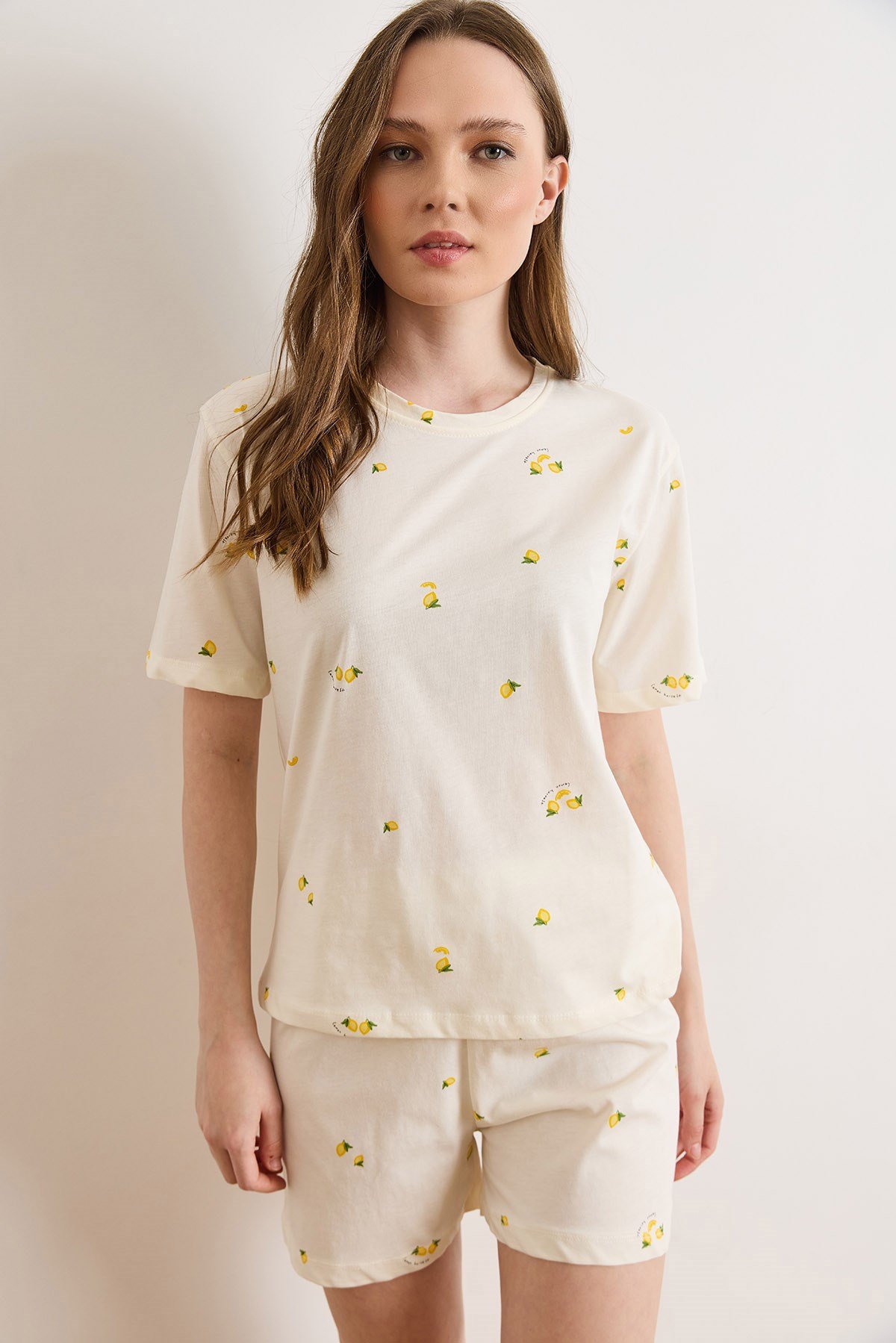 %100 Pamuk Şortlu Pijama Takım Limon Sarı