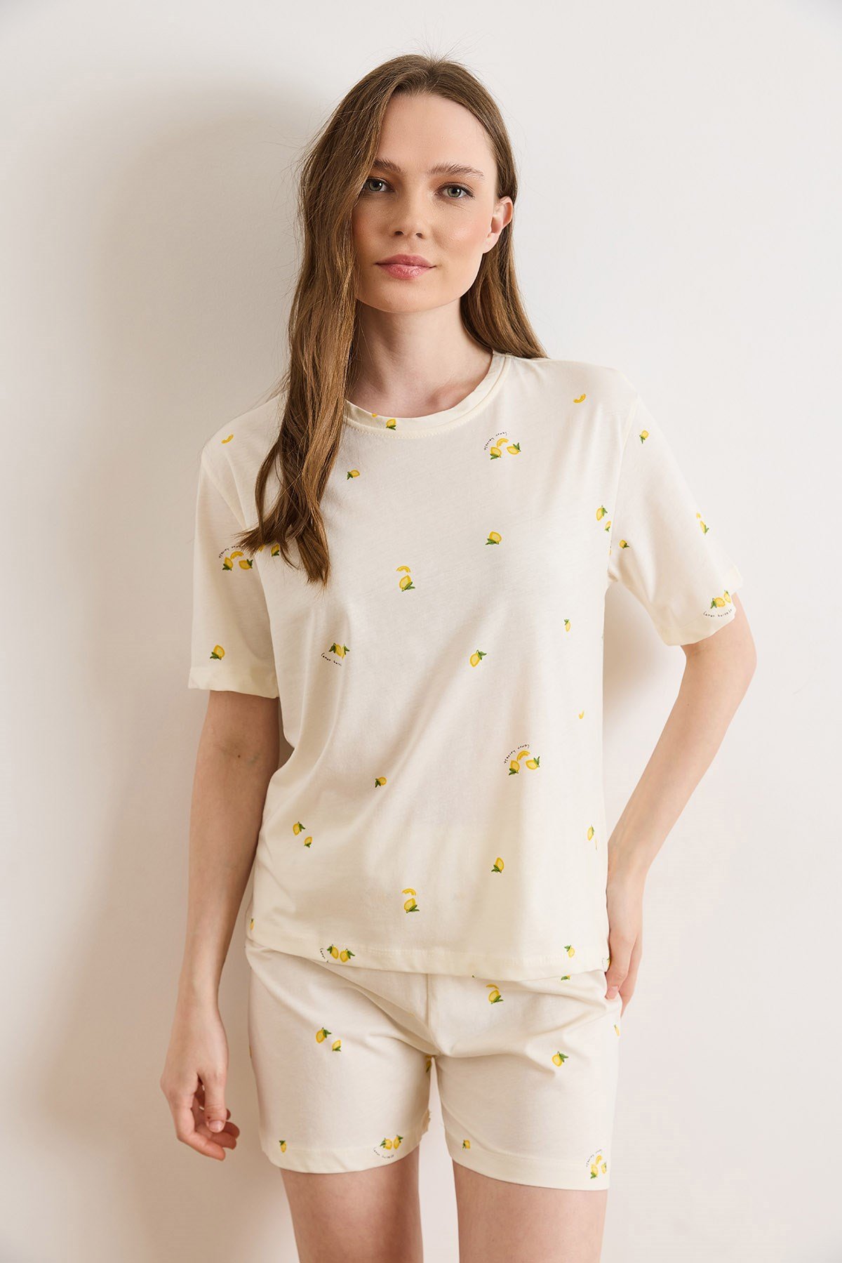 %100 Pamuk Şortlu Pijama Takım Limon Sarı
