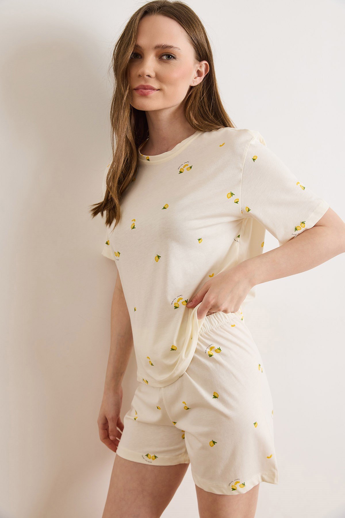 %100 Pamuk Şortlu Pijama Takım Limon Sarı