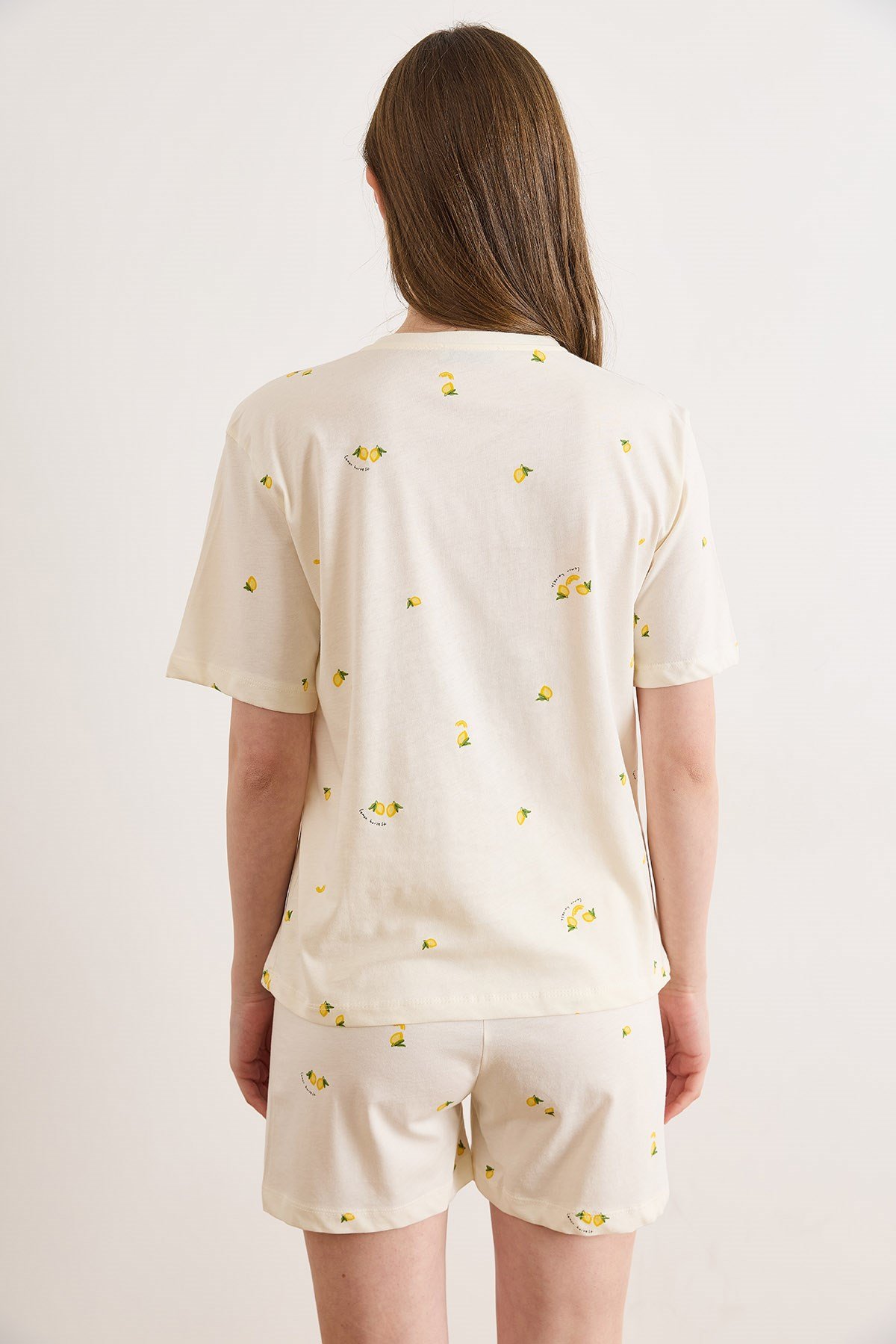 %100 Pamuk Şortlu Pijama Takım Limon Sarı