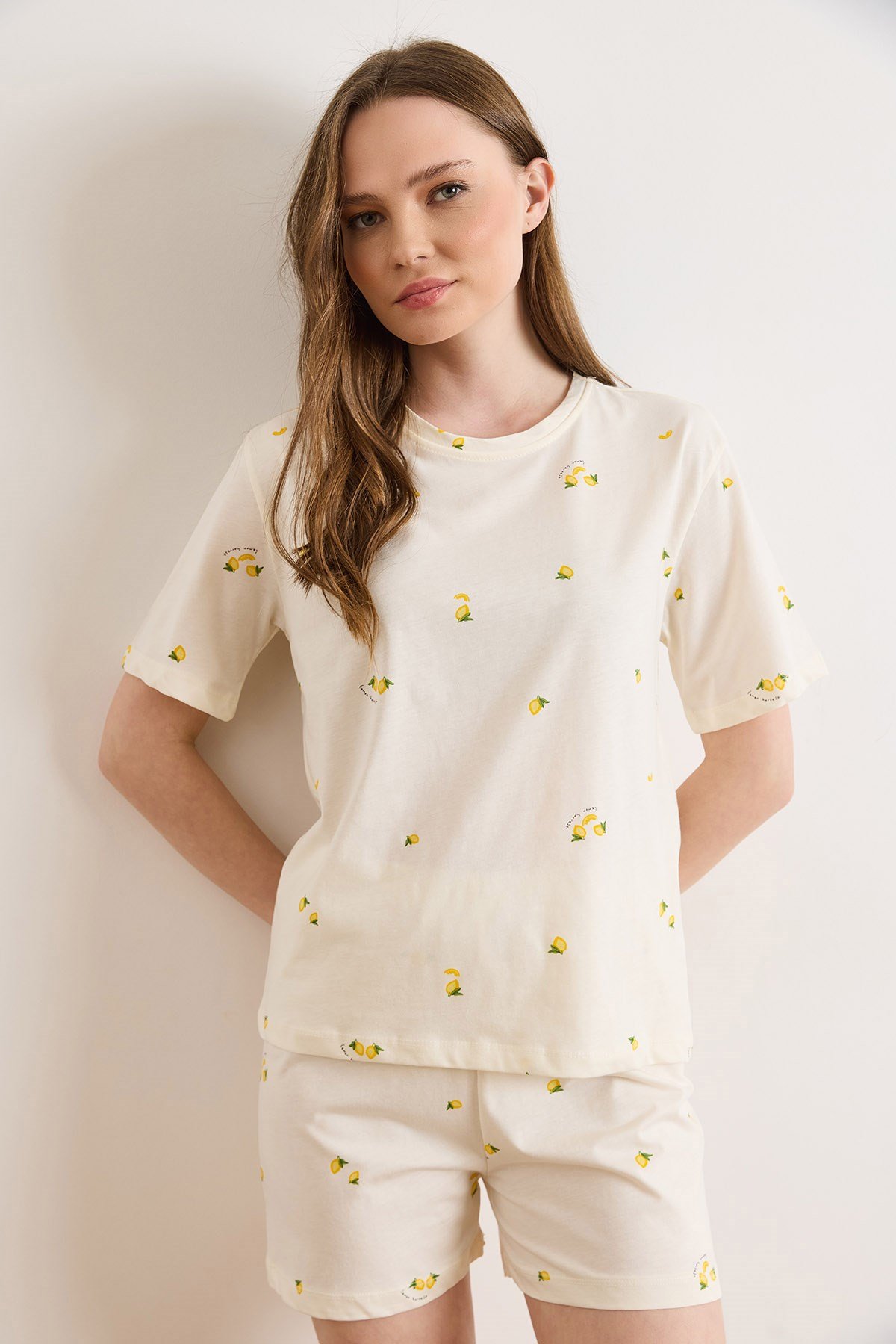 %100 Pamuk Şortlu Pijama Takım Limon Sarı