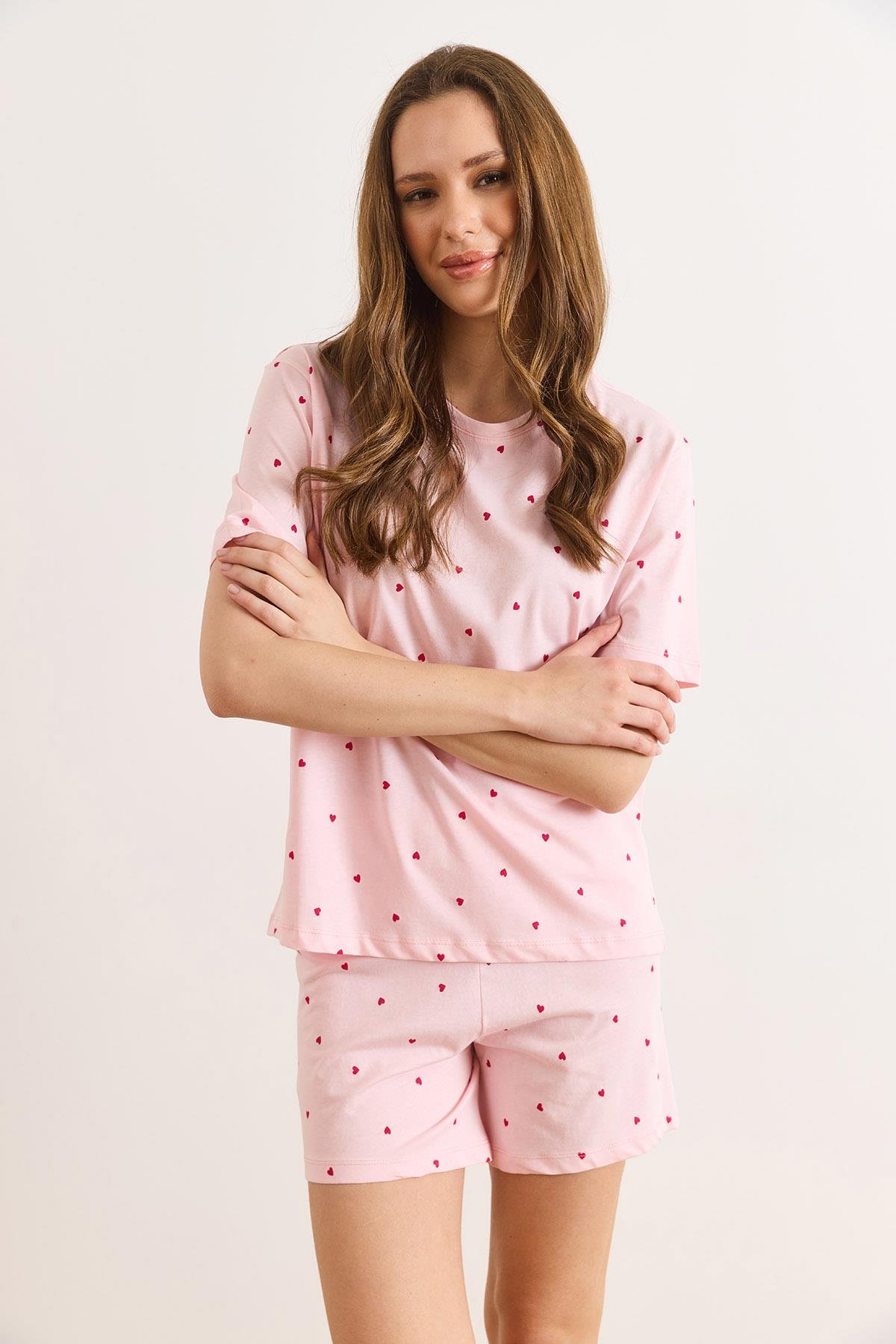 %100 Pamuk Şortlu Pijama Takım Pembe Kalp