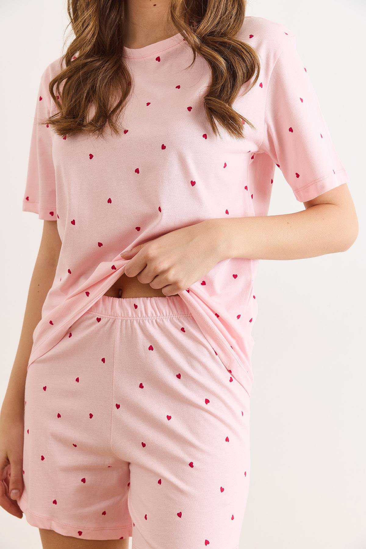 %100 Pamuk Şortlu Pijama Takım Pembe Kalp