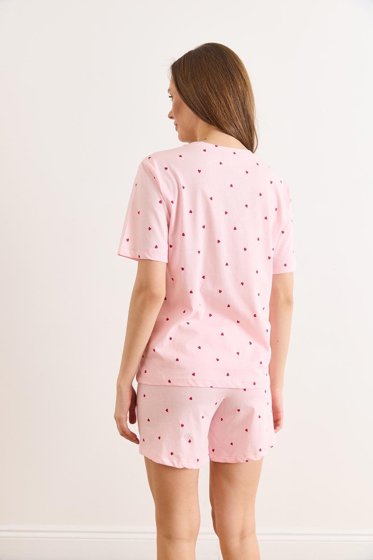 %100 Pamuk Şortlu Pijama Takım Pembe Kalp