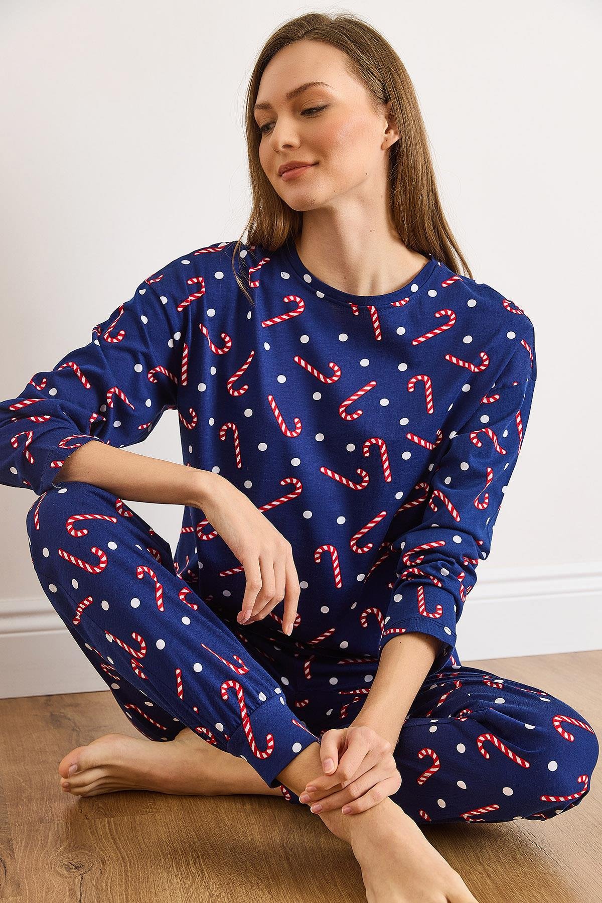 %100 Pamuk Uzun Kollu Dar Paça Pijama Takımı Şeker Lacivert