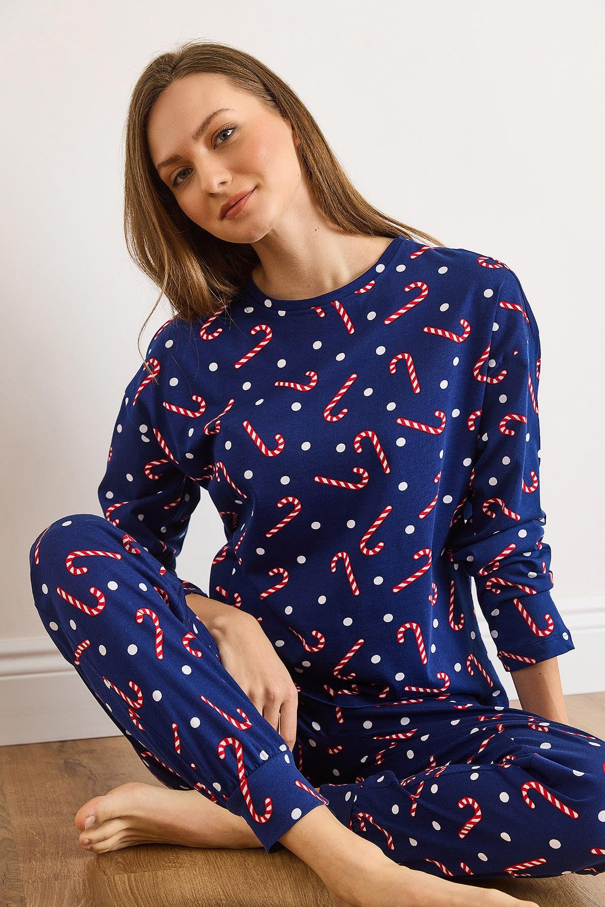 %100 Pamuk Uzun Kollu Dar Paça Pijama Takımı Şeker Lacivert