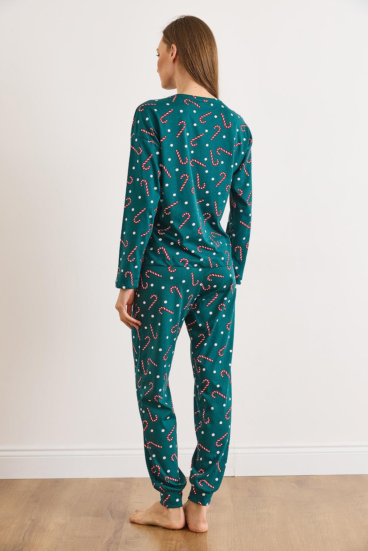 %100 Pamuk Uzun Kollu Dar Paça Pijama Takımı Şeker Yeşil