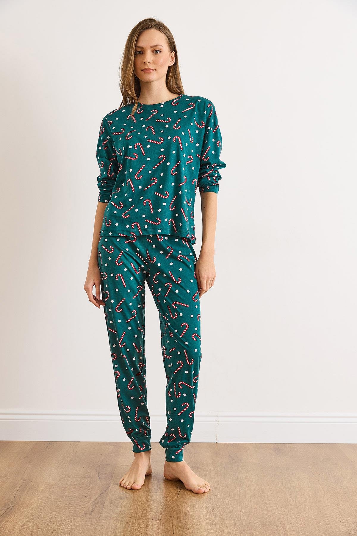 %100 Pamuk Uzun Kollu Dar Paça Pijama Takımı Şeker Yeşil