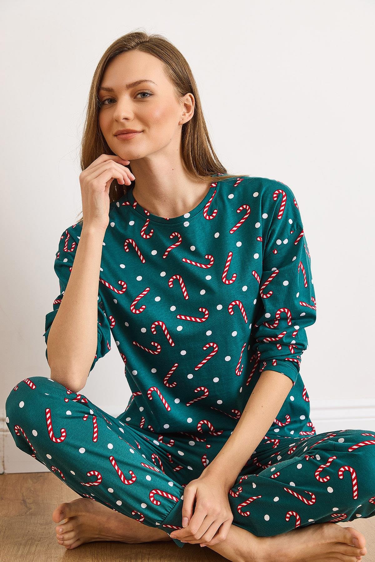 %100 Pamuk Uzun Kollu Dar Paça Pijama Takımı Şeker Yeşil