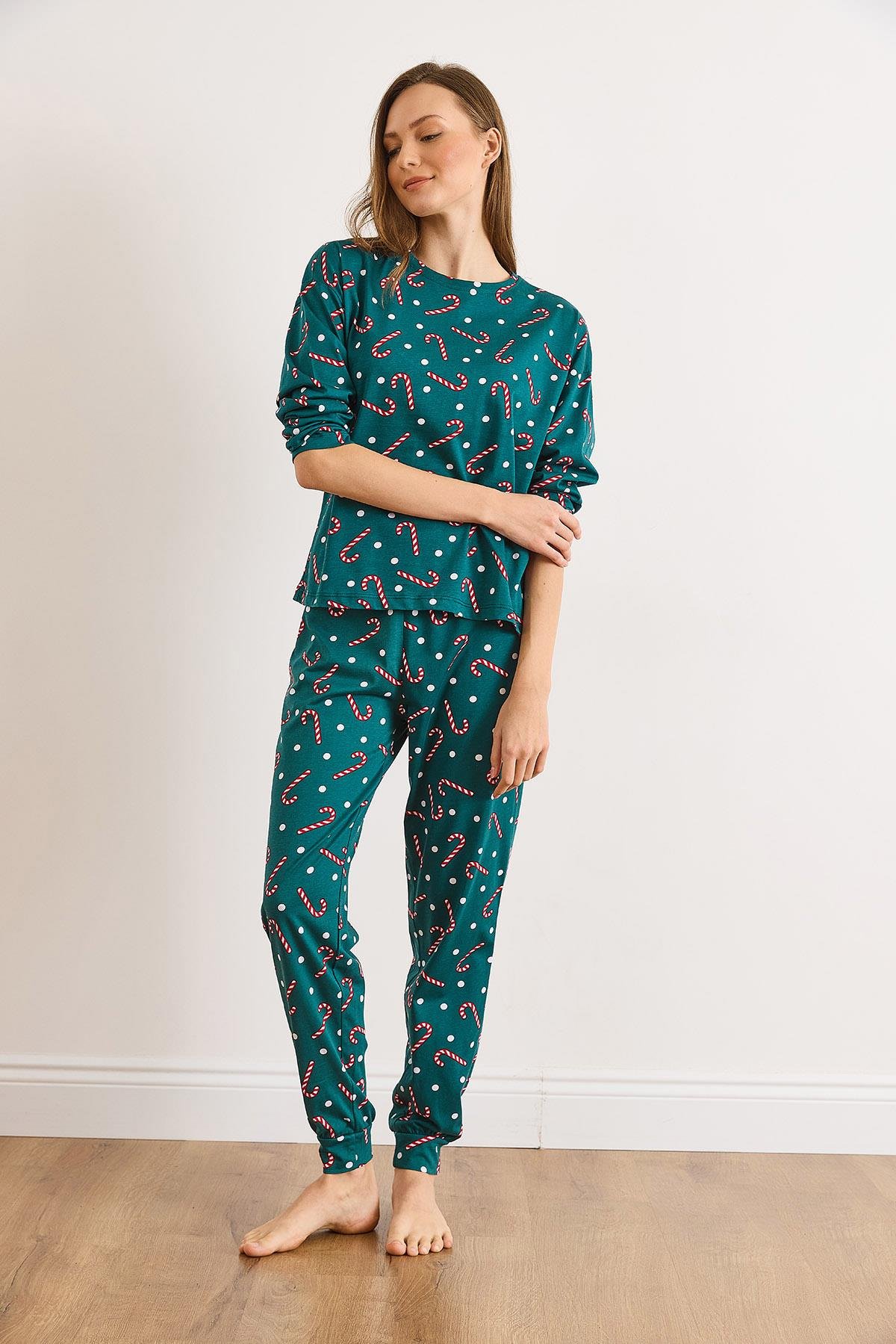 %100 Pamuk Uzun Kollu Dar Paça Pijama Takımı Şeker Yeşil
