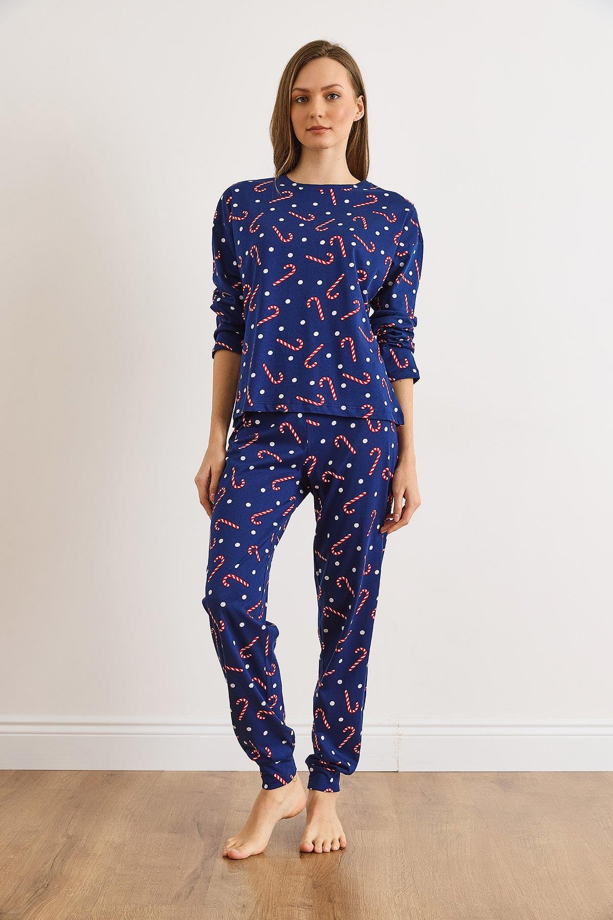 %100 Pamuk Uzun Kollu Dar Paça Pijama Takımı Şeker Lacivert