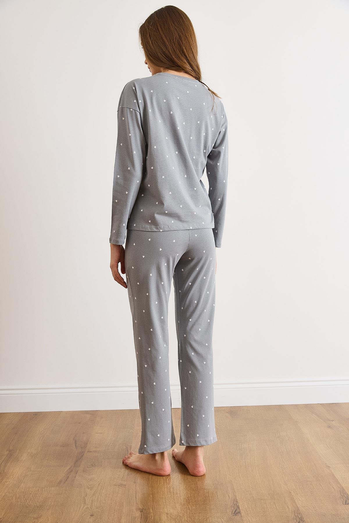 %100 Pamuk Uzun Kollu Pijama Takımı Açık Gri Kalp