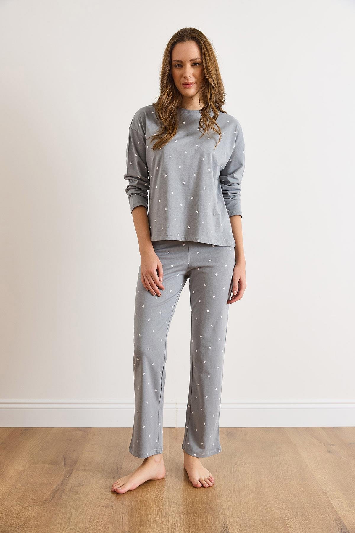 %100 Pamuk Uzun Kollu Pijama Takımı Açık Gri Kalp
