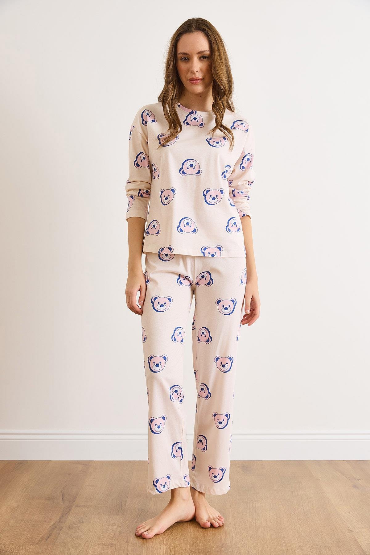 %100 Pamuk Uzun Kollu Pijama Takımı Bej Ayıcık