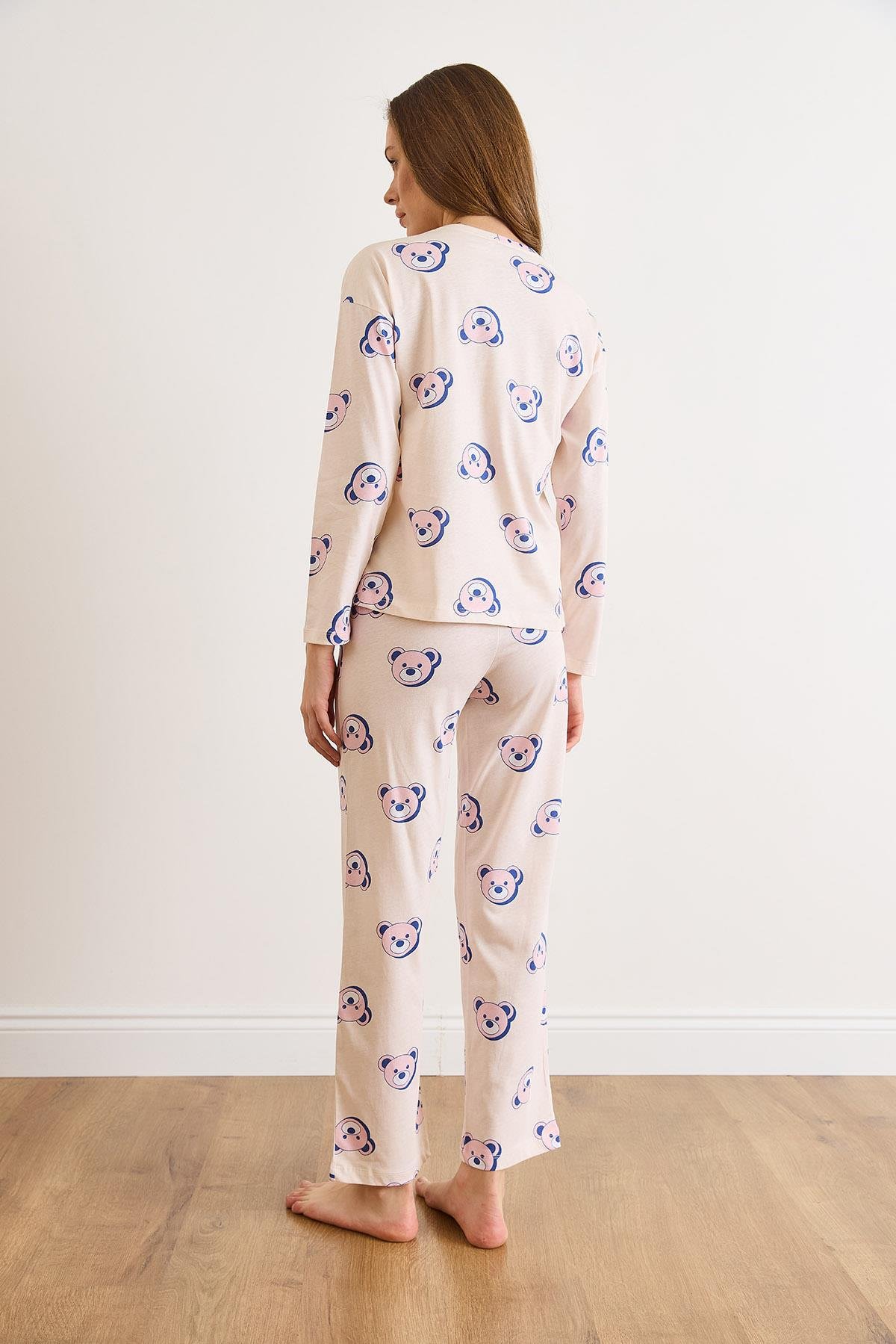 %100 Pamuk Uzun Kollu Pijama Takımı Bej Ayıcık