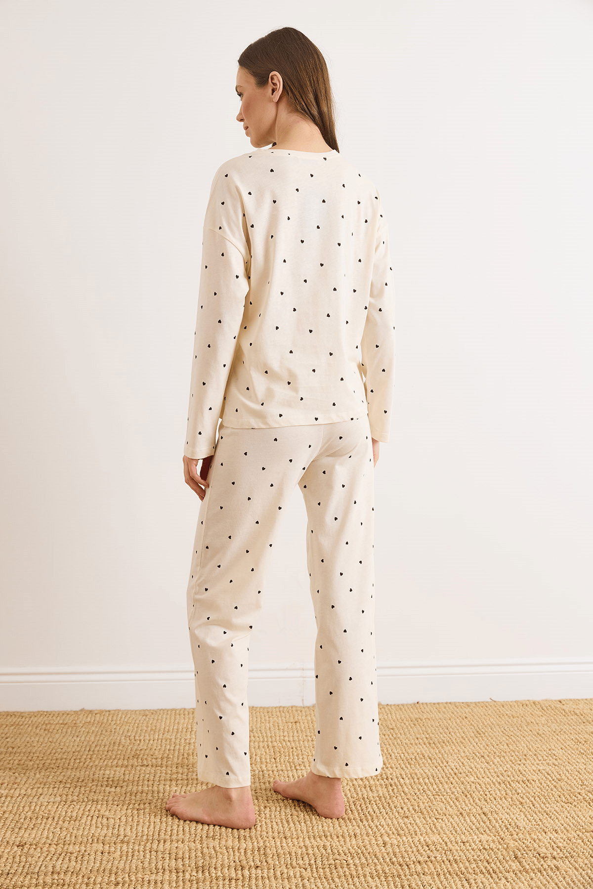 %100 Pamuk Uzun Kollu Pijama Takımı Bej Kalp