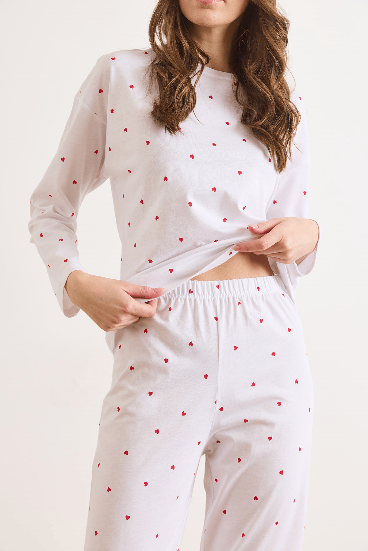 %100 Pamuk Uzun Kollu Pijama Takımı Beyaz Kalp