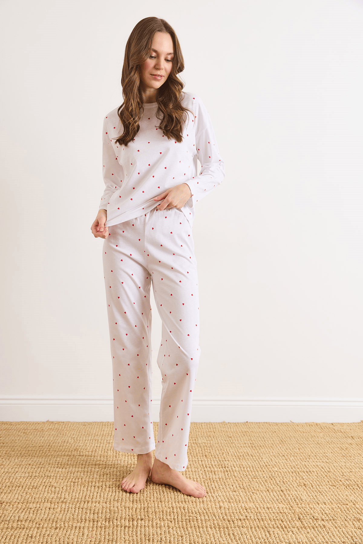 %100 Pamuk Uzun Kollu Pijama Takımı Beyaz Kalp