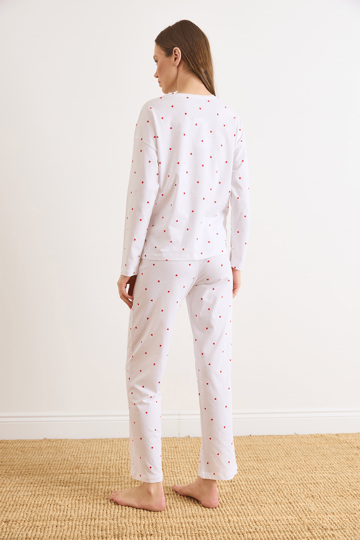 %100 Pamuk Uzun Kollu Pijama Takımı Beyaz Kalp
