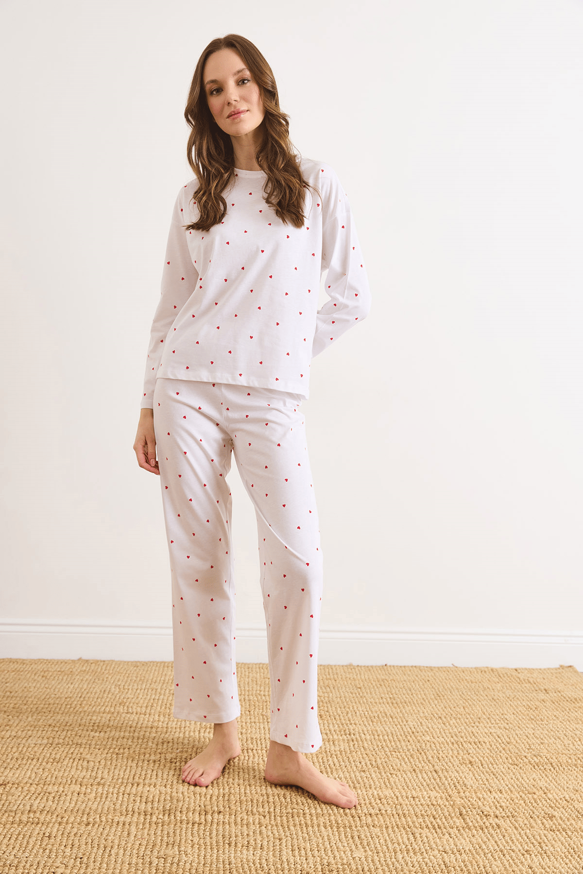 %100 Pamuk Uzun Kollu Pijama Takımı Beyaz Kalp