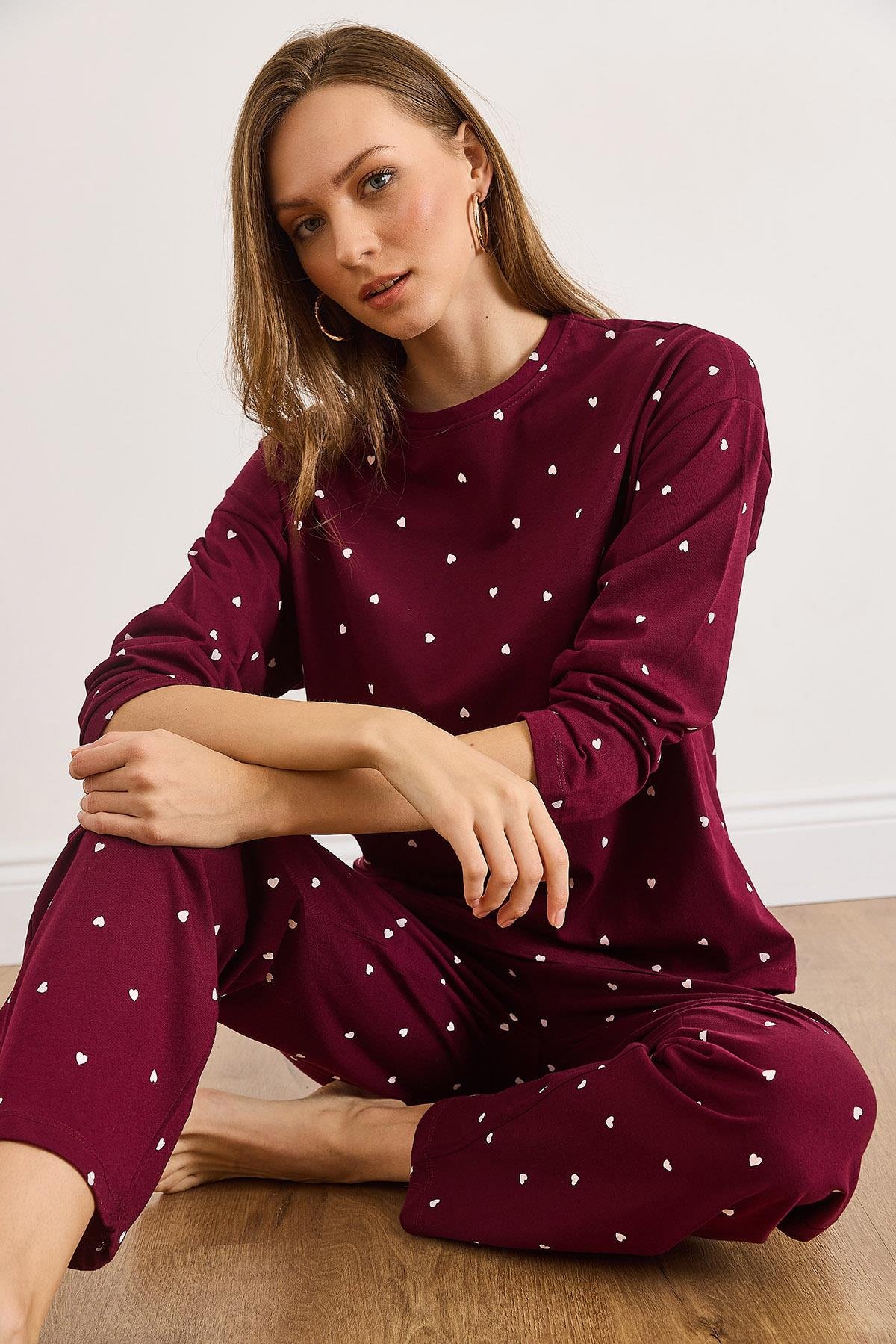 %100 Pamuk Uzun Kollu Pijama Takımı Bordo Kalp