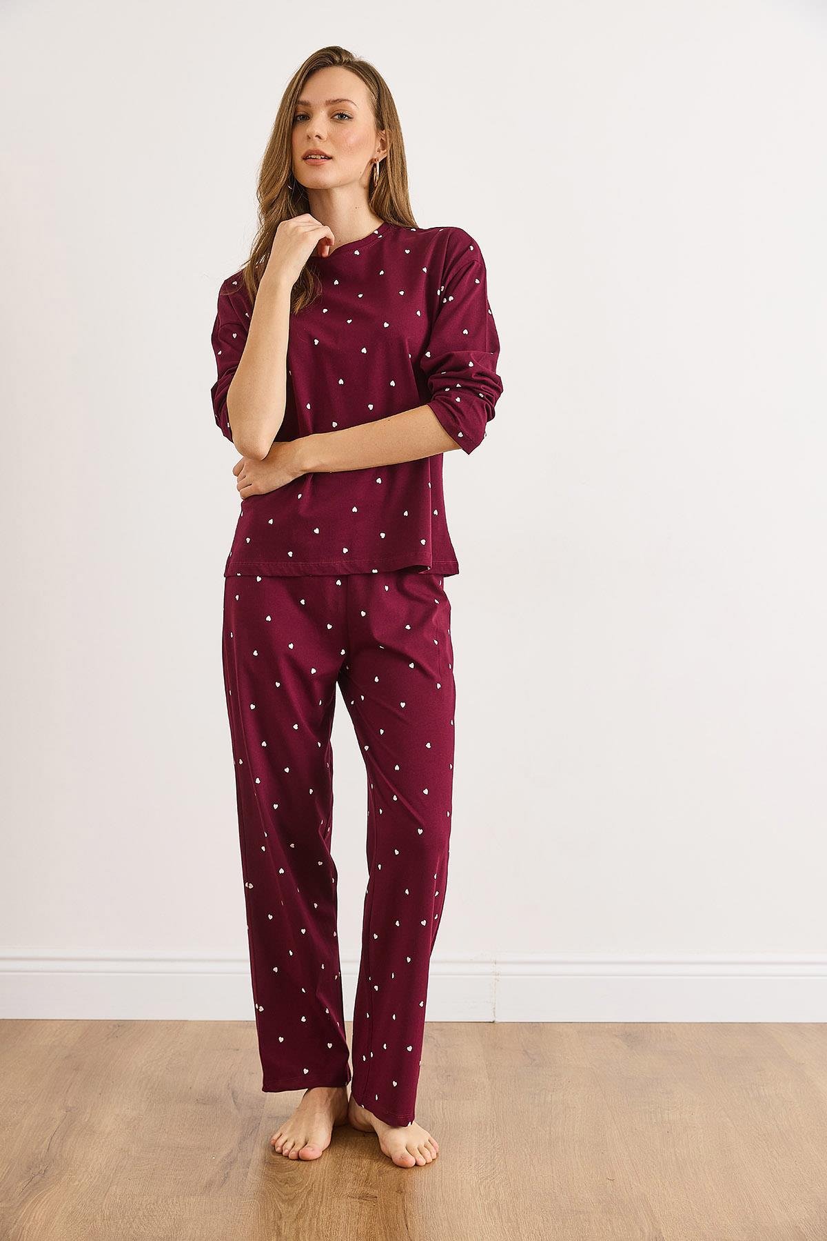 %100 Pamuk Uzun Kollu Pijama Takımı Bordo Kalp