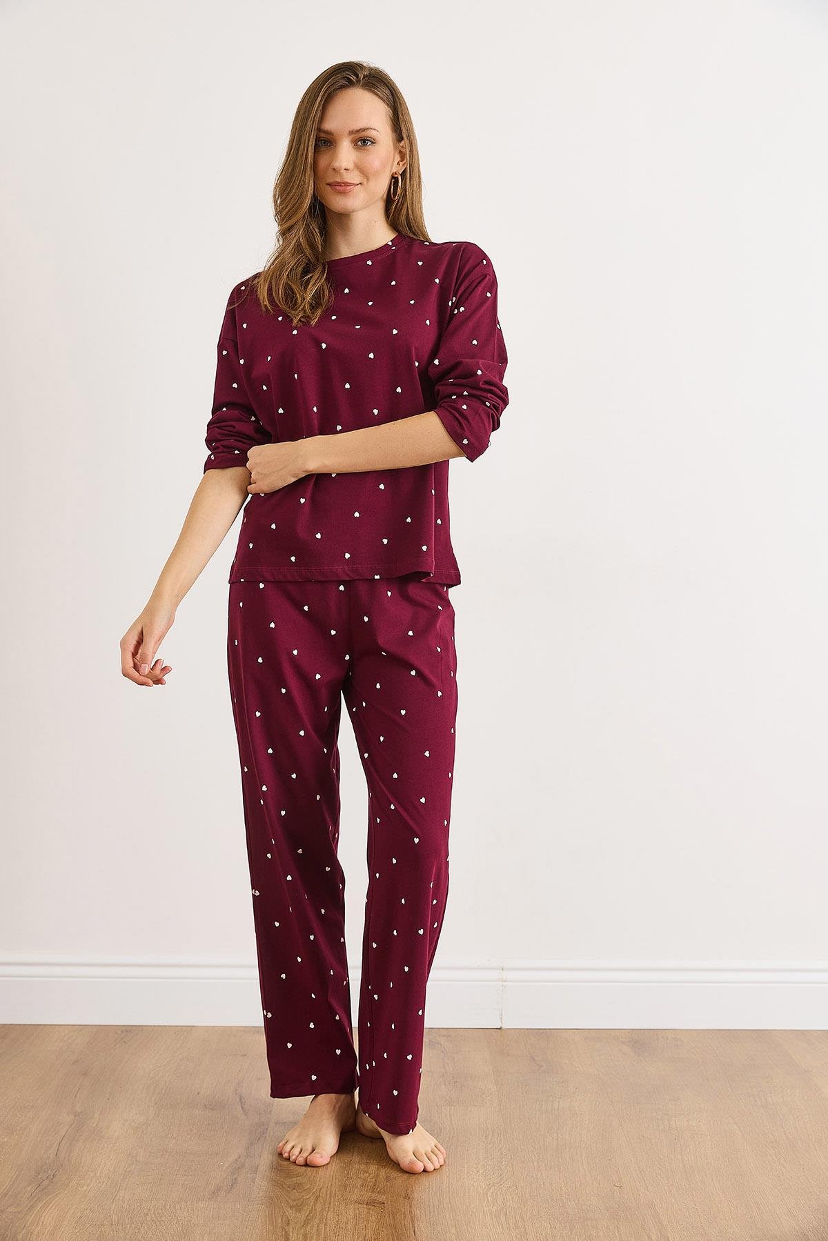 %100 Pamuk Uzun Kollu Pijama Takımı Bordo Kalp