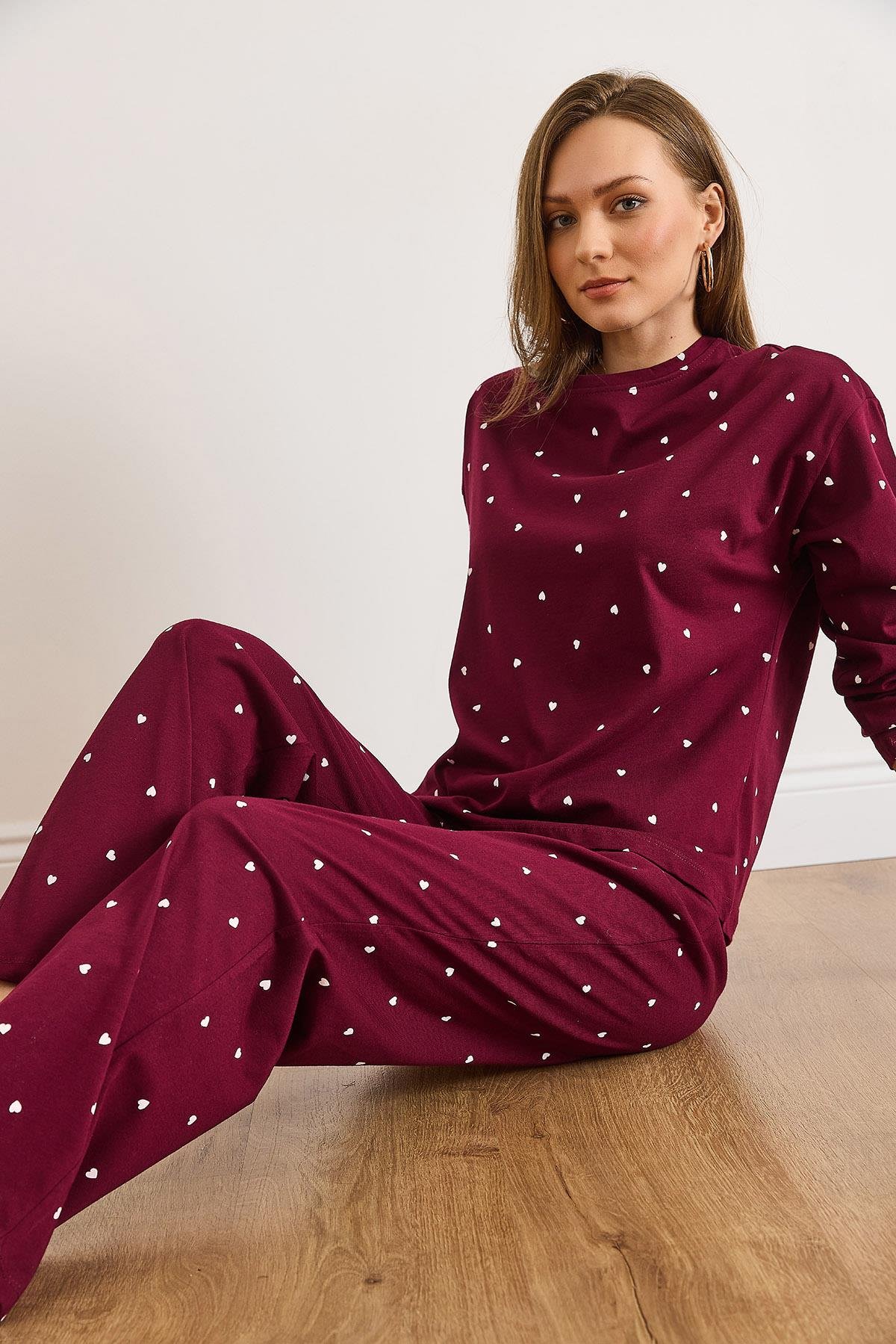 %100 Pamuk Uzun Kollu Pijama Takımı Bordo Kalp