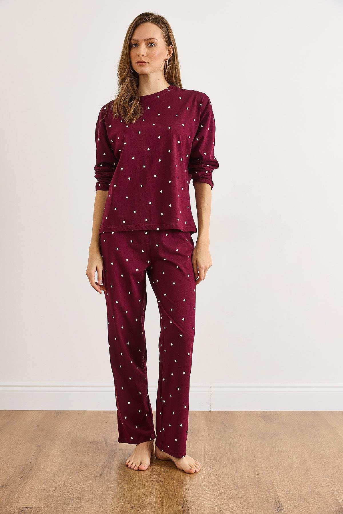 %100 Pamuk Uzun Kollu Pijama Takımı Bordo Kalp