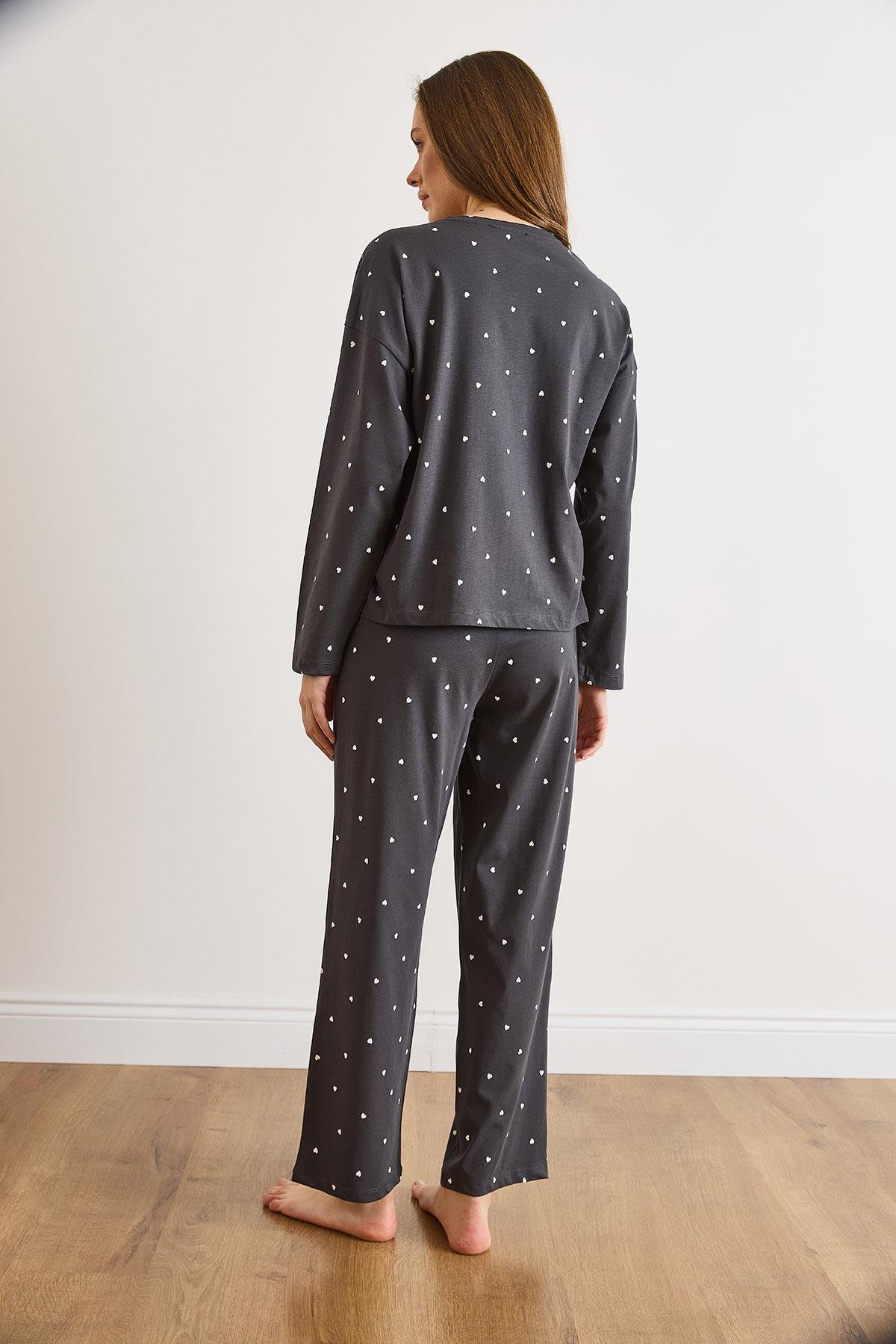 %100 Pamuk Uzun Kollu Pijama Takımı Füme Kalp
