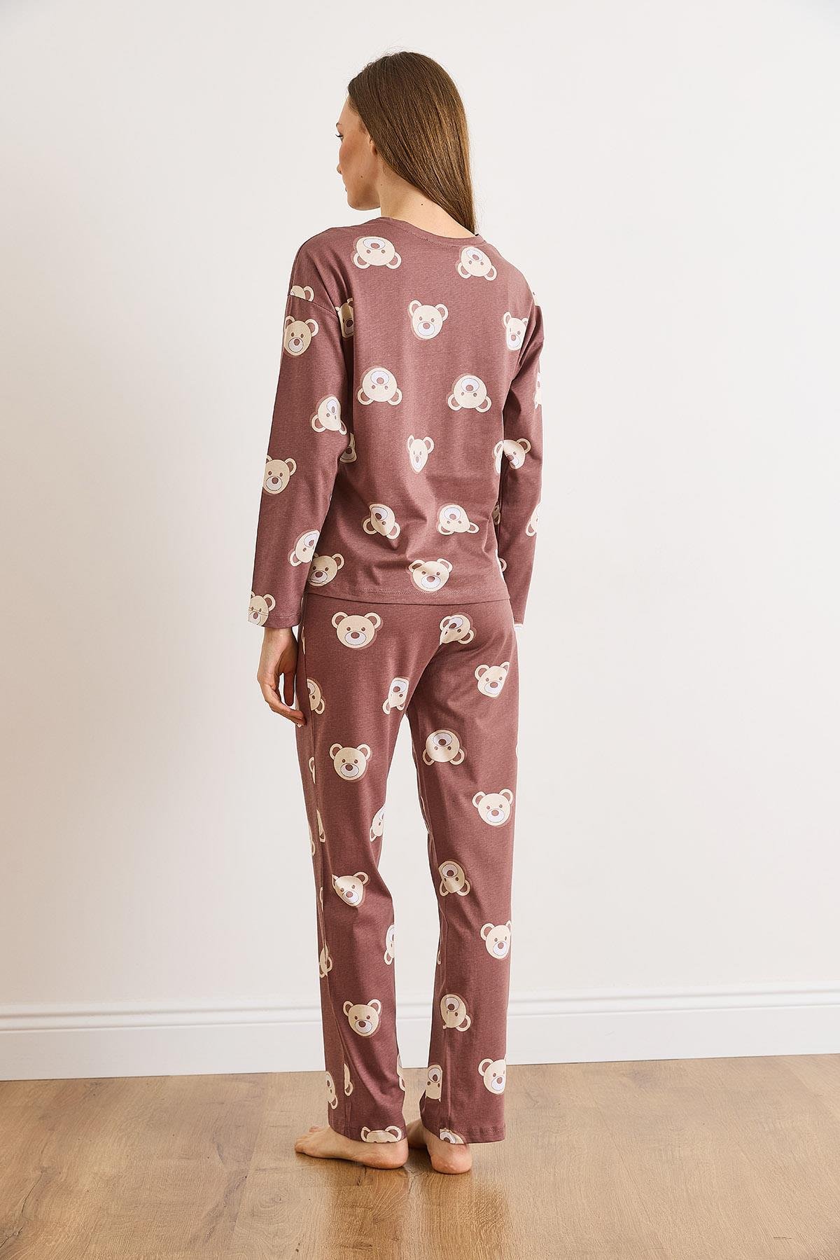 %100 Pamuk Uzun Kollu Pijama Takımı Kahverengi Ayıcık