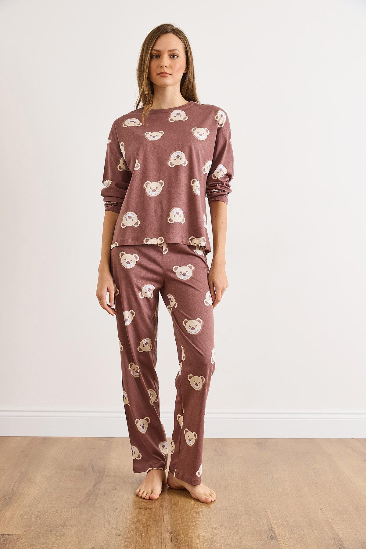 %100 Pamuk Uzun Kollu Pijama Takımı Kahverengi Ayıcık