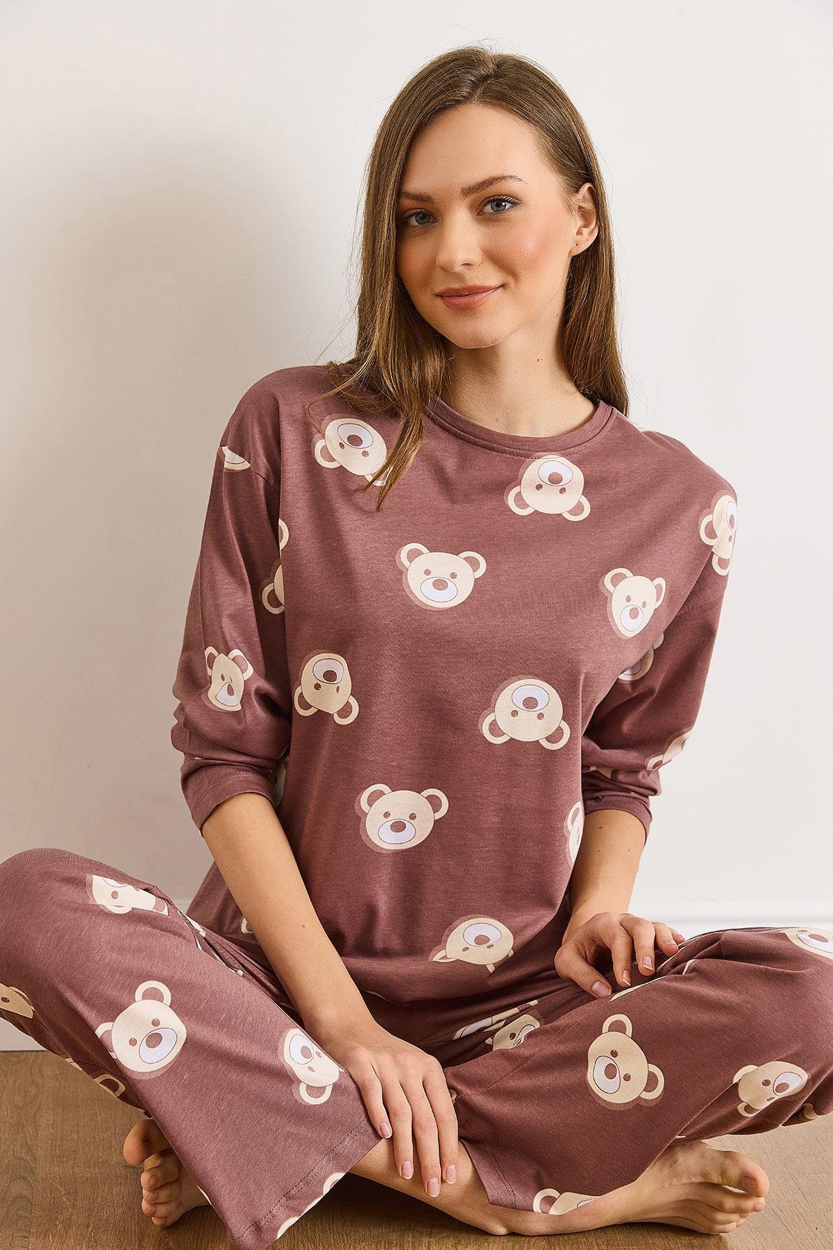 %100 Pamuk Uzun Kollu Pijama Takımı Kahverengi Ayıcık