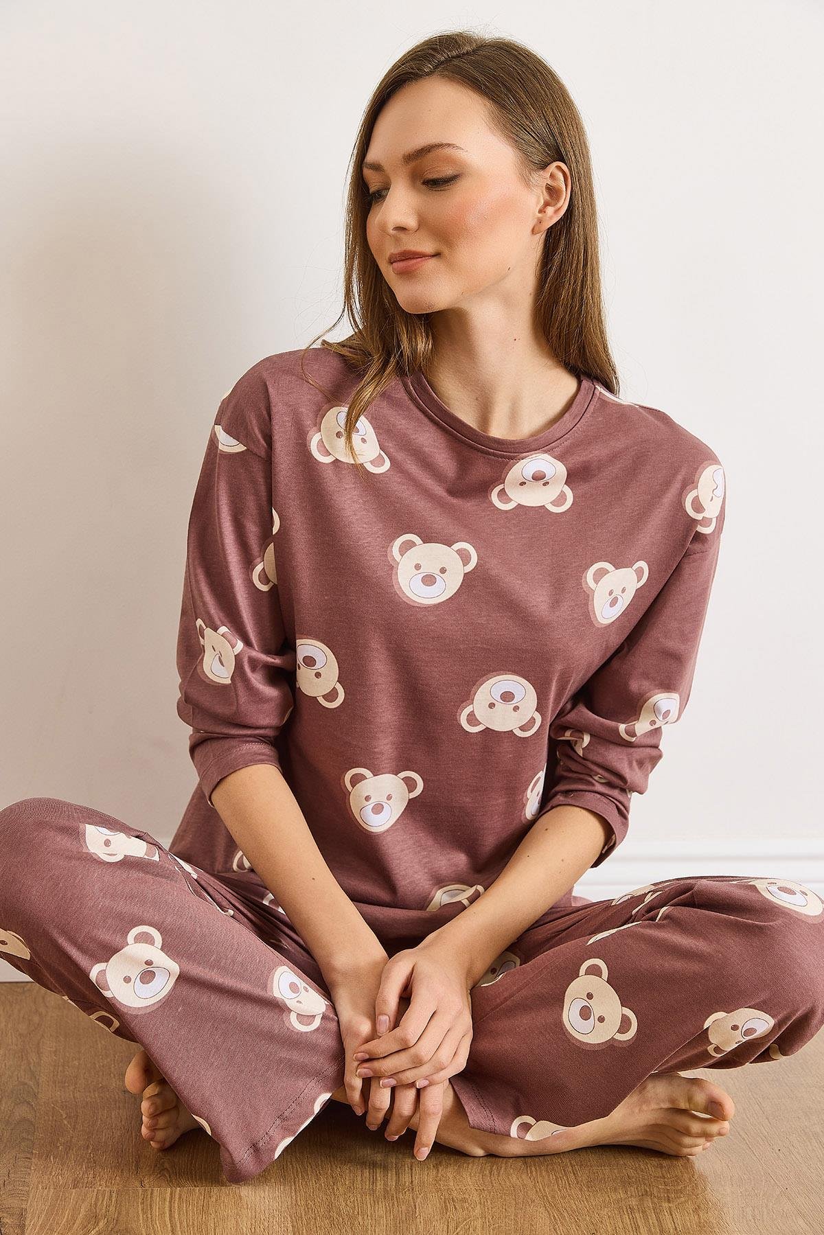 %100 Pamuk Uzun Kollu Pijama Takımı Kahverengi Ayıcık