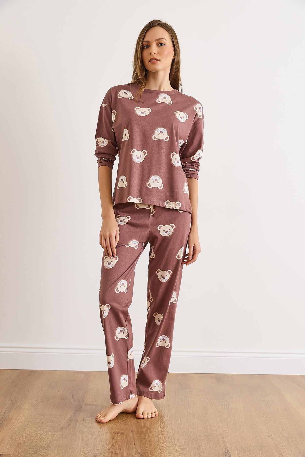 %100 Pamuk Uzun Kollu Pijama Takımı Kahverengi Ayıcık
