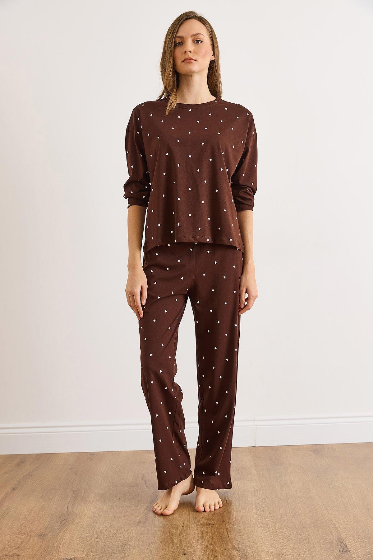 %100 Pamuk Uzun Kollu Pijama Takımı Kahverengi Kalp