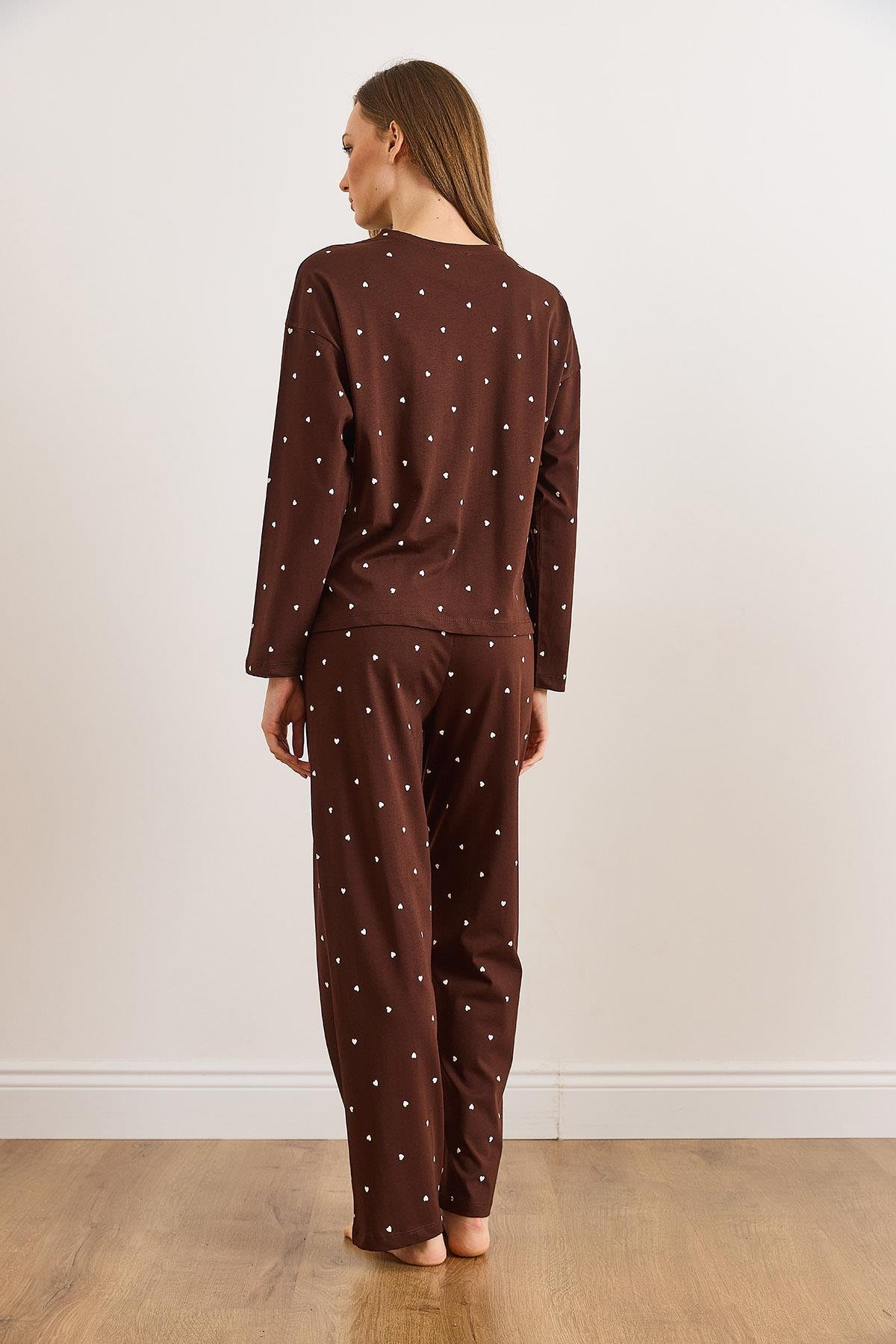 %100 Pamuk Uzun Kollu Pijama Takımı Kahverengi Kalp