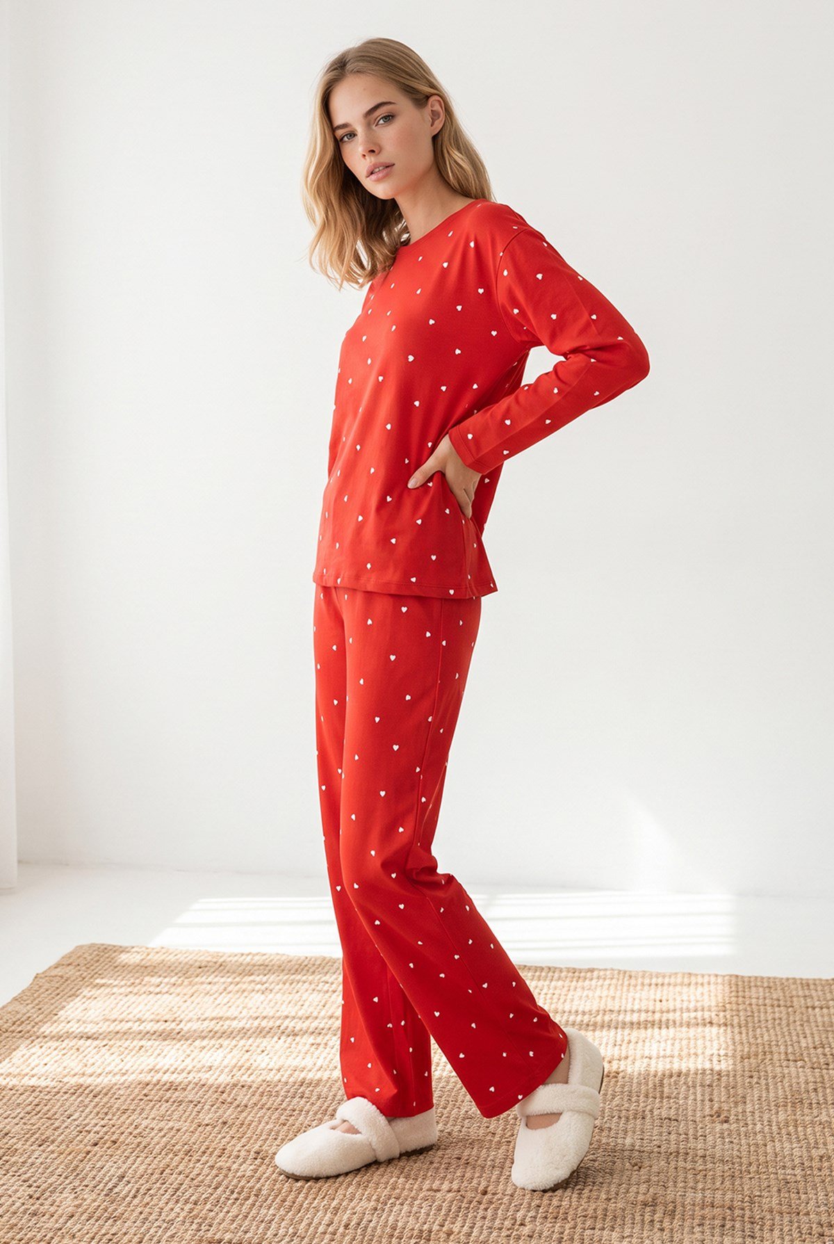 %100 Pamuk Uzun Kollu Pijama Takımı Kalp Kırmızı