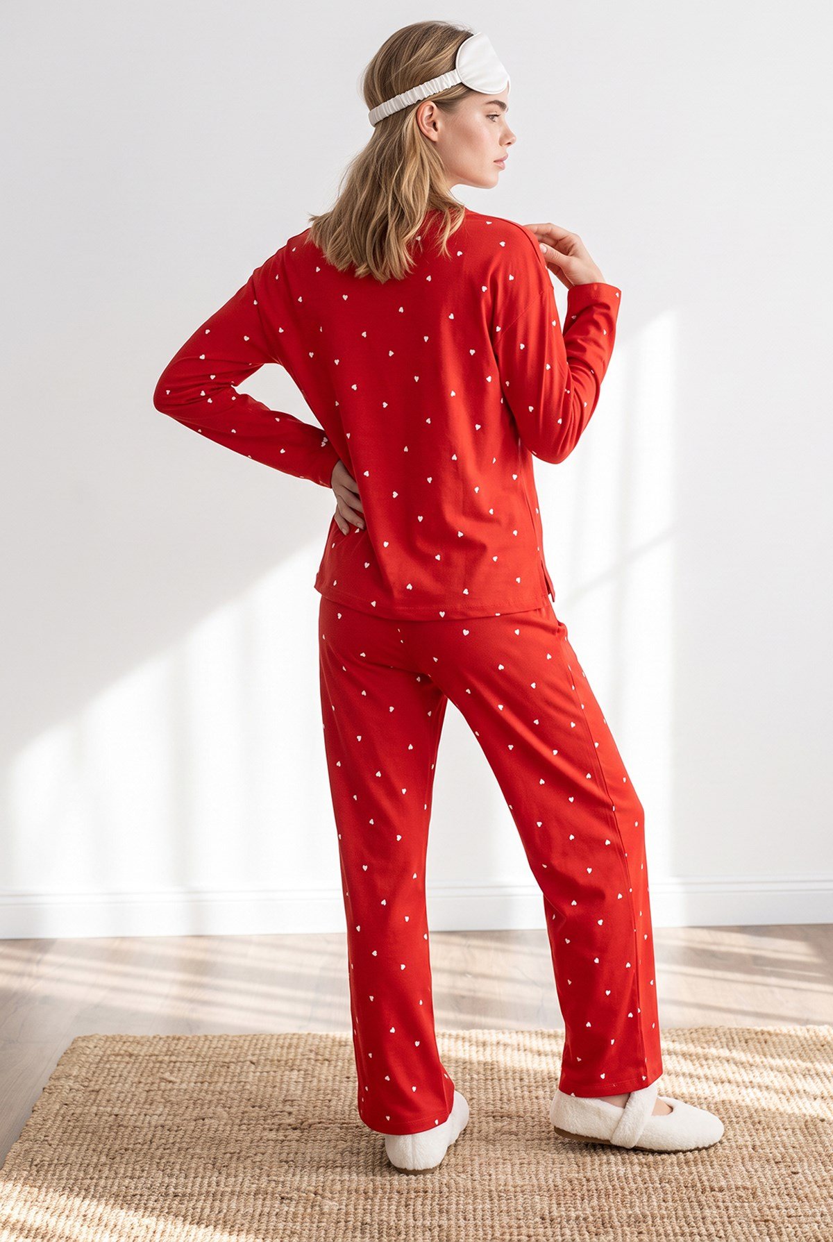 %100 Pamuk Uzun Kollu Pijama Takımı Kalp Kırmızı