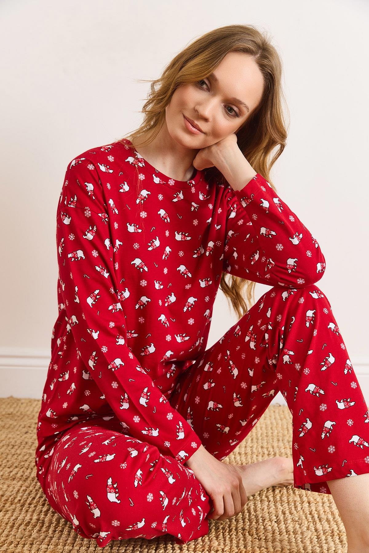 %100 Pamuk Uzun Kollu Pijama Takımı Kırmızı Yılbaşı