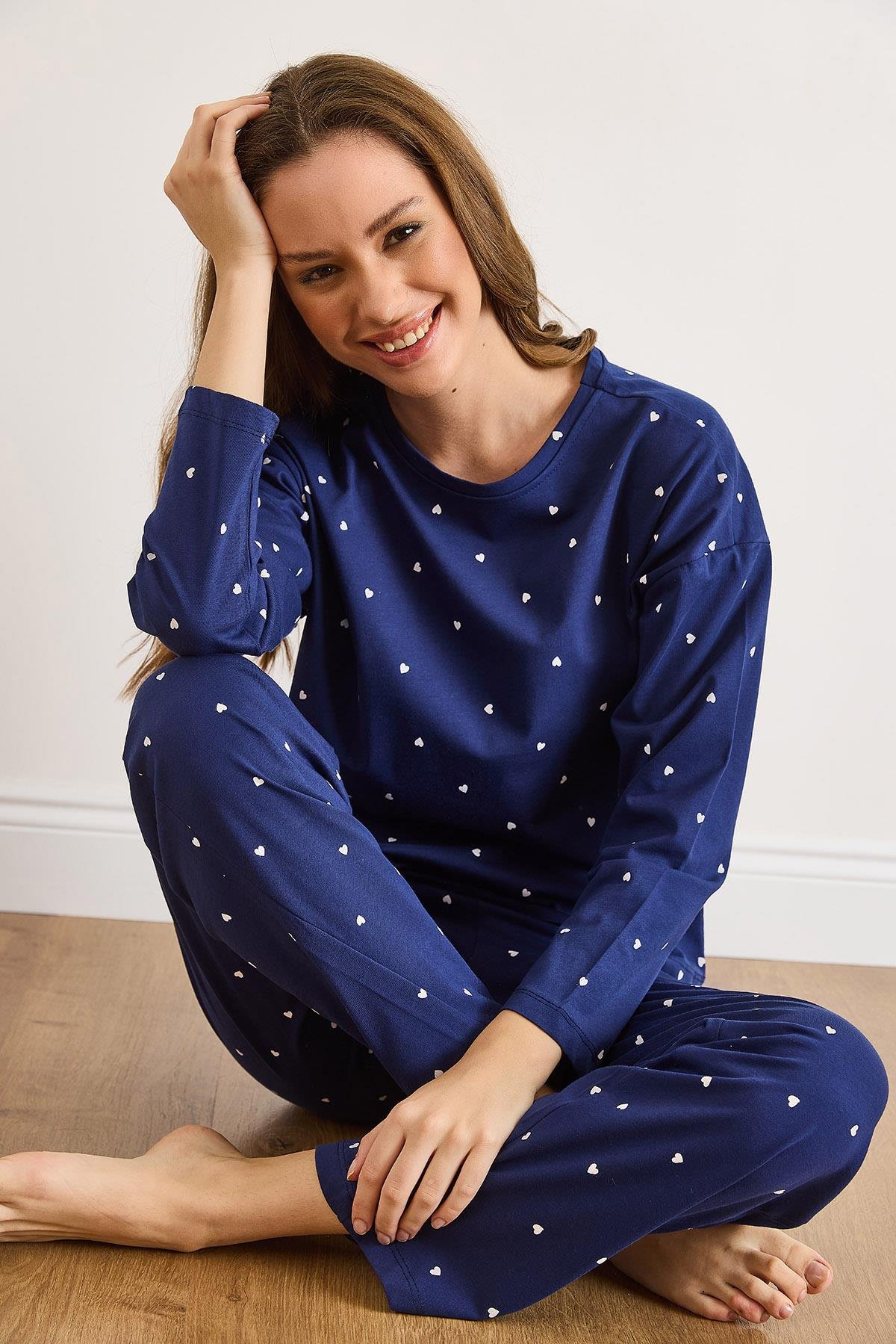%100 Pamuk Uzun Kollu Pijama Takımı Lacivert Kalp