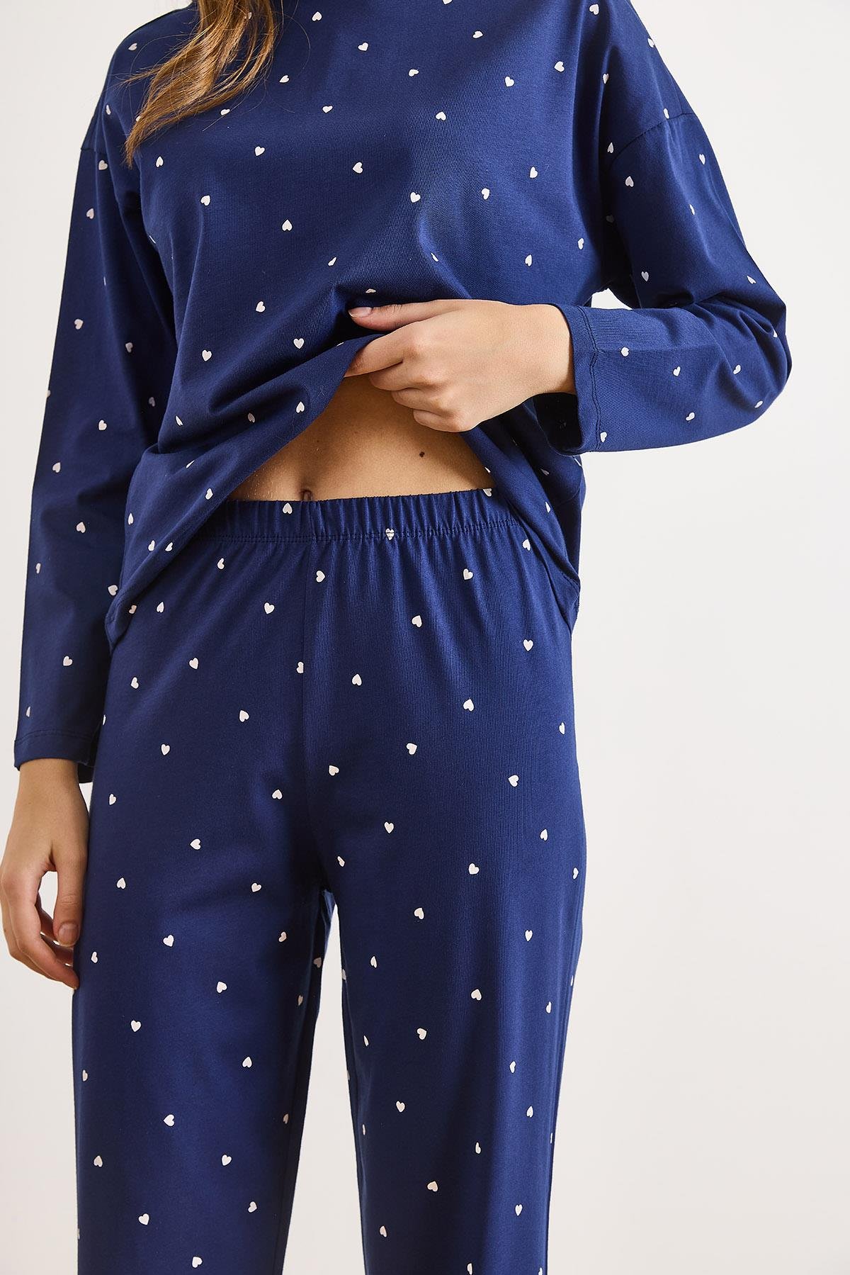 %100 Pamuk Uzun Kollu Pijama Takımı Lacivert Kalp