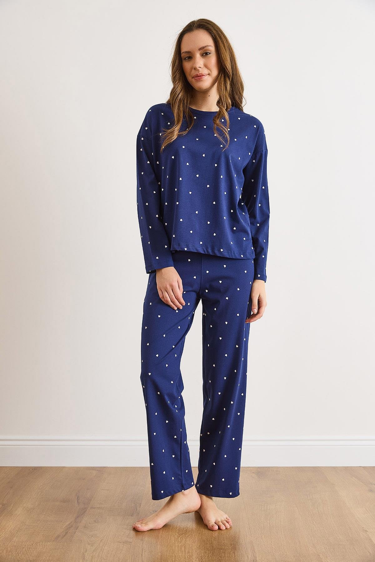 %100 Pamuk Uzun Kollu Pijama Takımı Lacivert Kalp