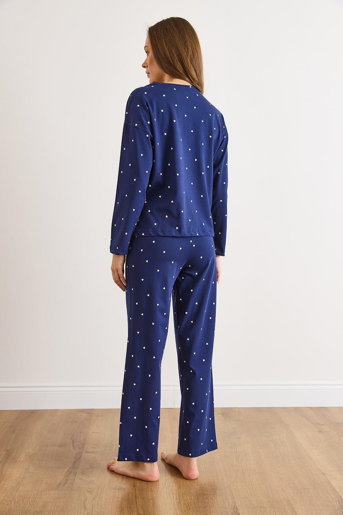 %100 Pamuk Uzun Kollu Pijama Takımı Lacivert Kalp