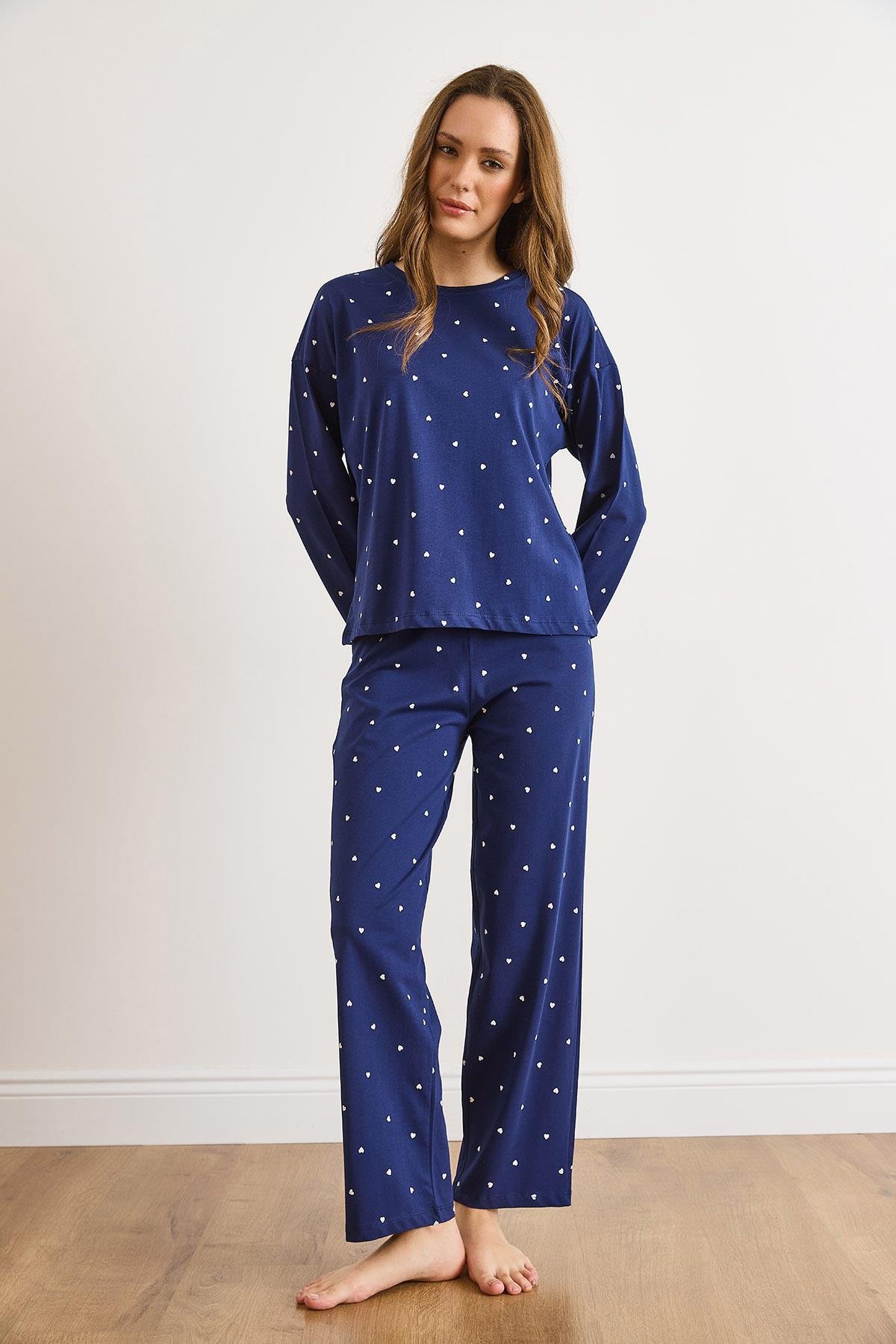 %100 Pamuk Uzun Kollu Pijama Takımı Lacivert Kalp