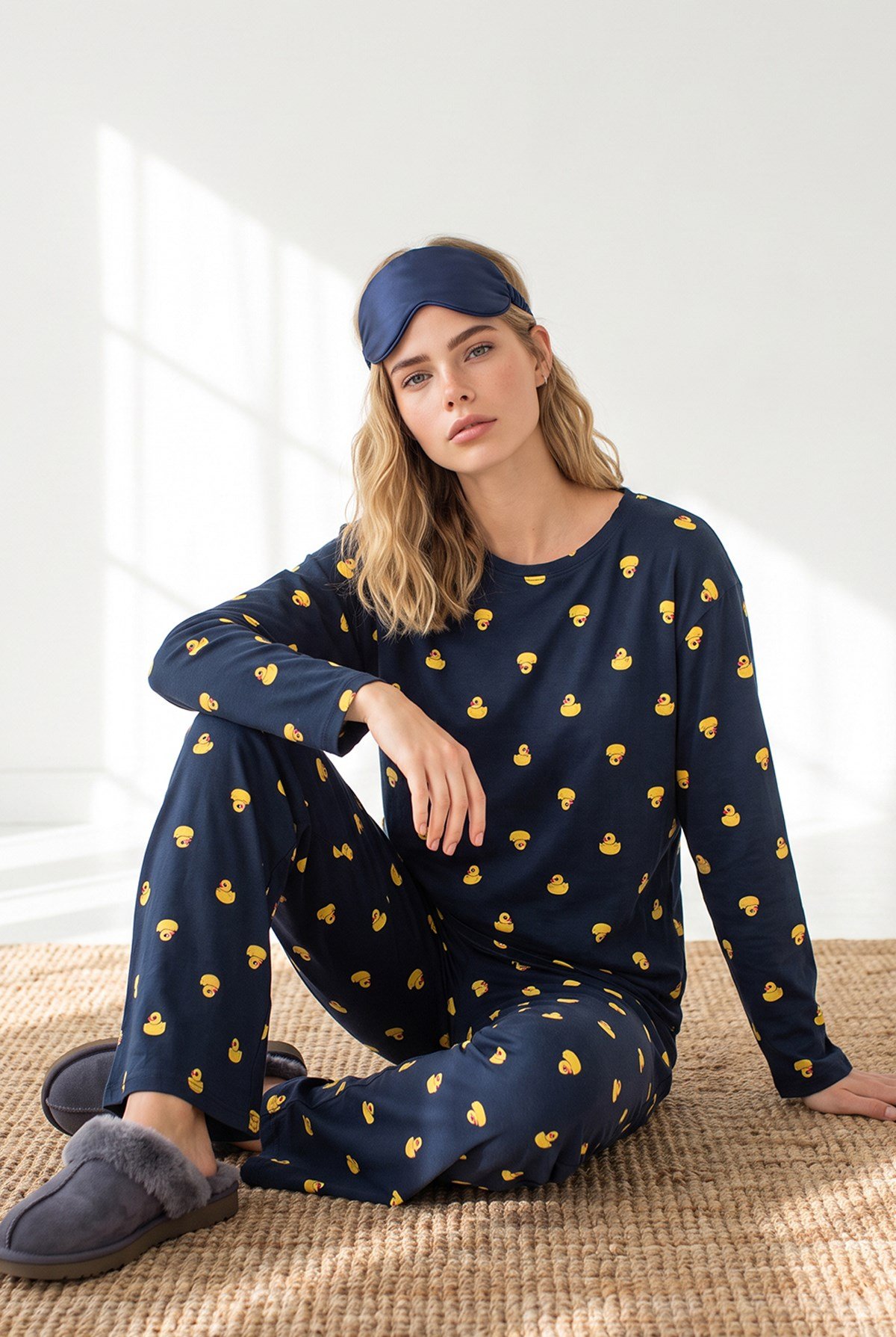 %100 Pamuk Uzun Kollu Pijama Takımı Ördek Lacivert