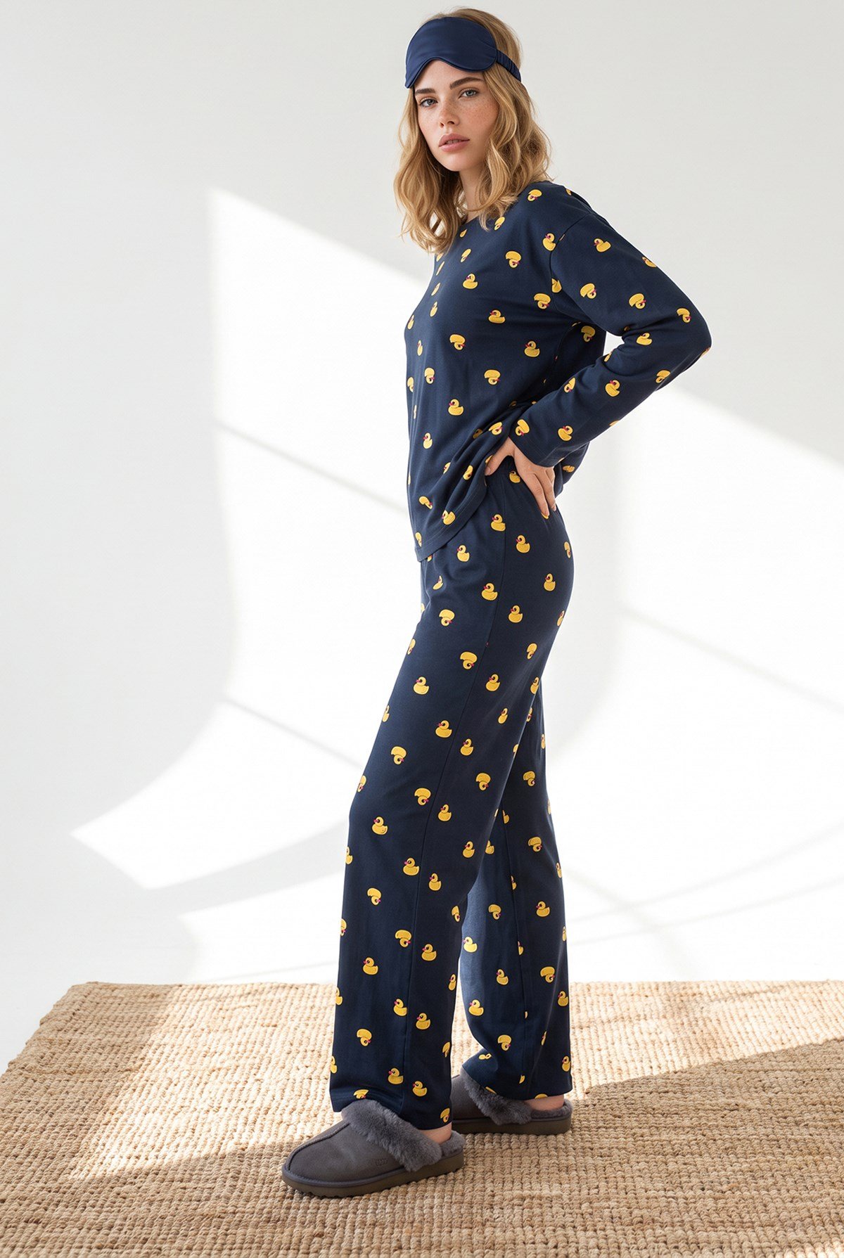 %100 Pamuk Uzun Kollu Pijama Takımı Ördek Lacivert