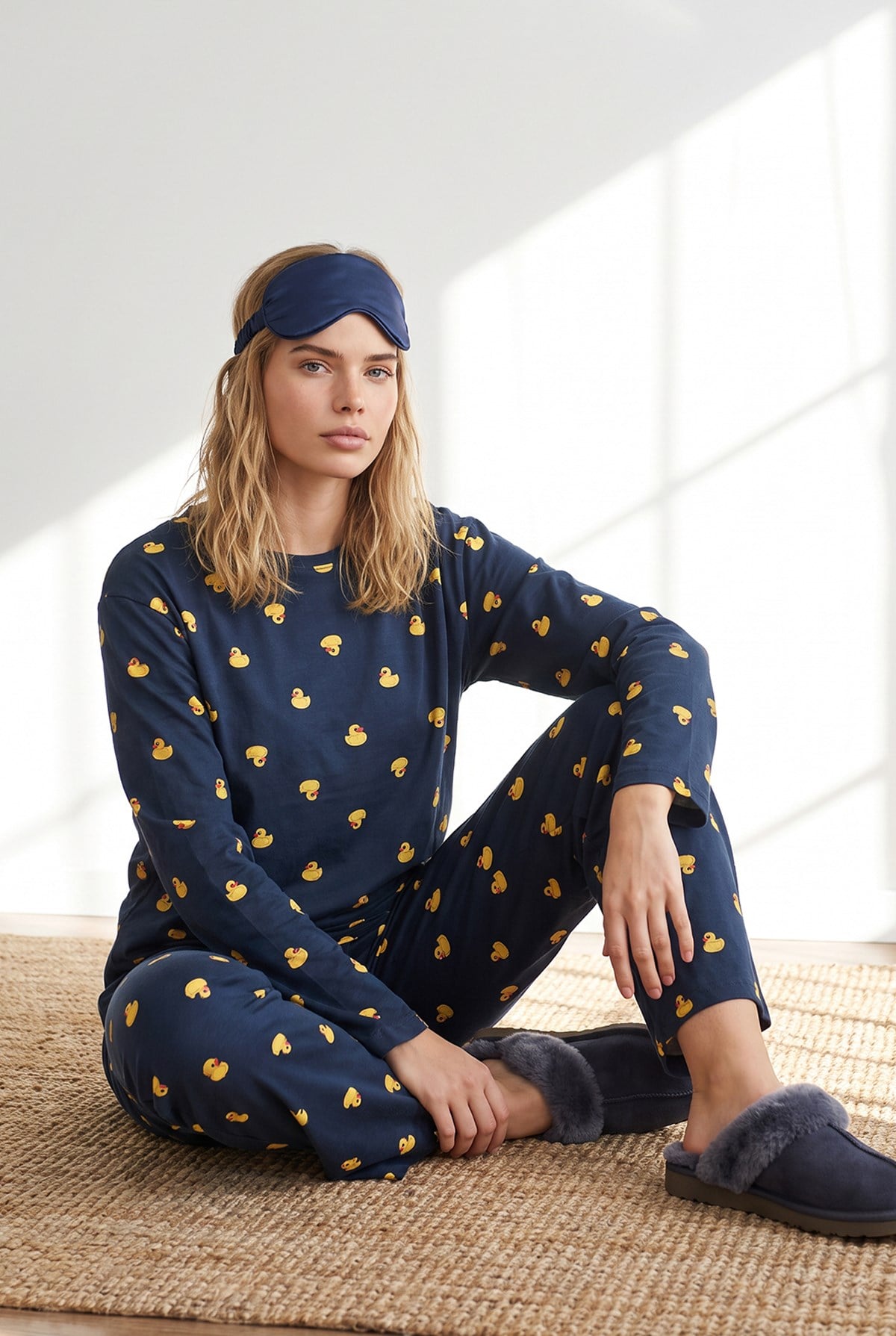 %100 Pamuk Uzun Kollu Pijama Takımı Ördek Lacivert