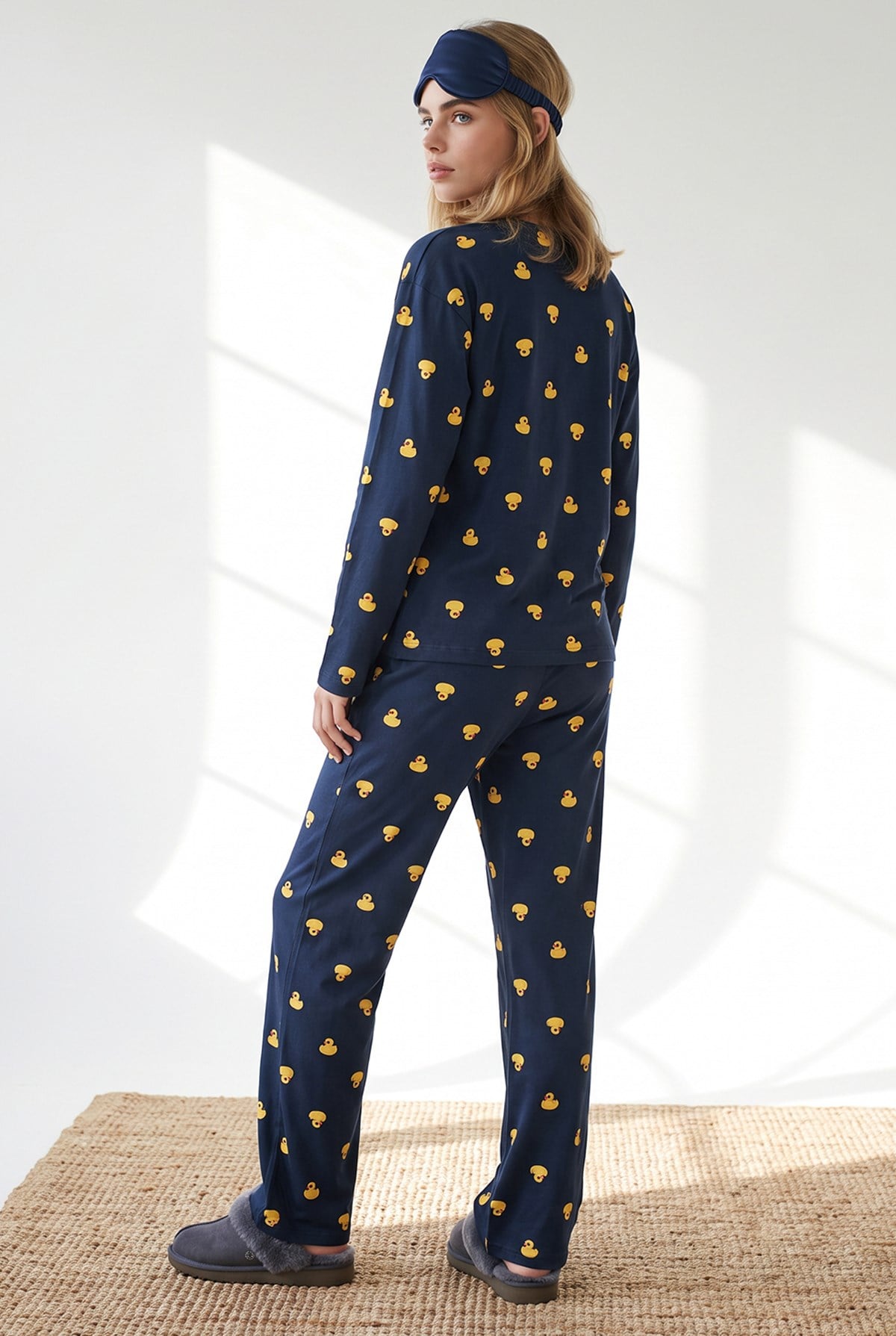 %100 Pamuk Uzun Kollu Pijama Takımı Ördek Lacivert