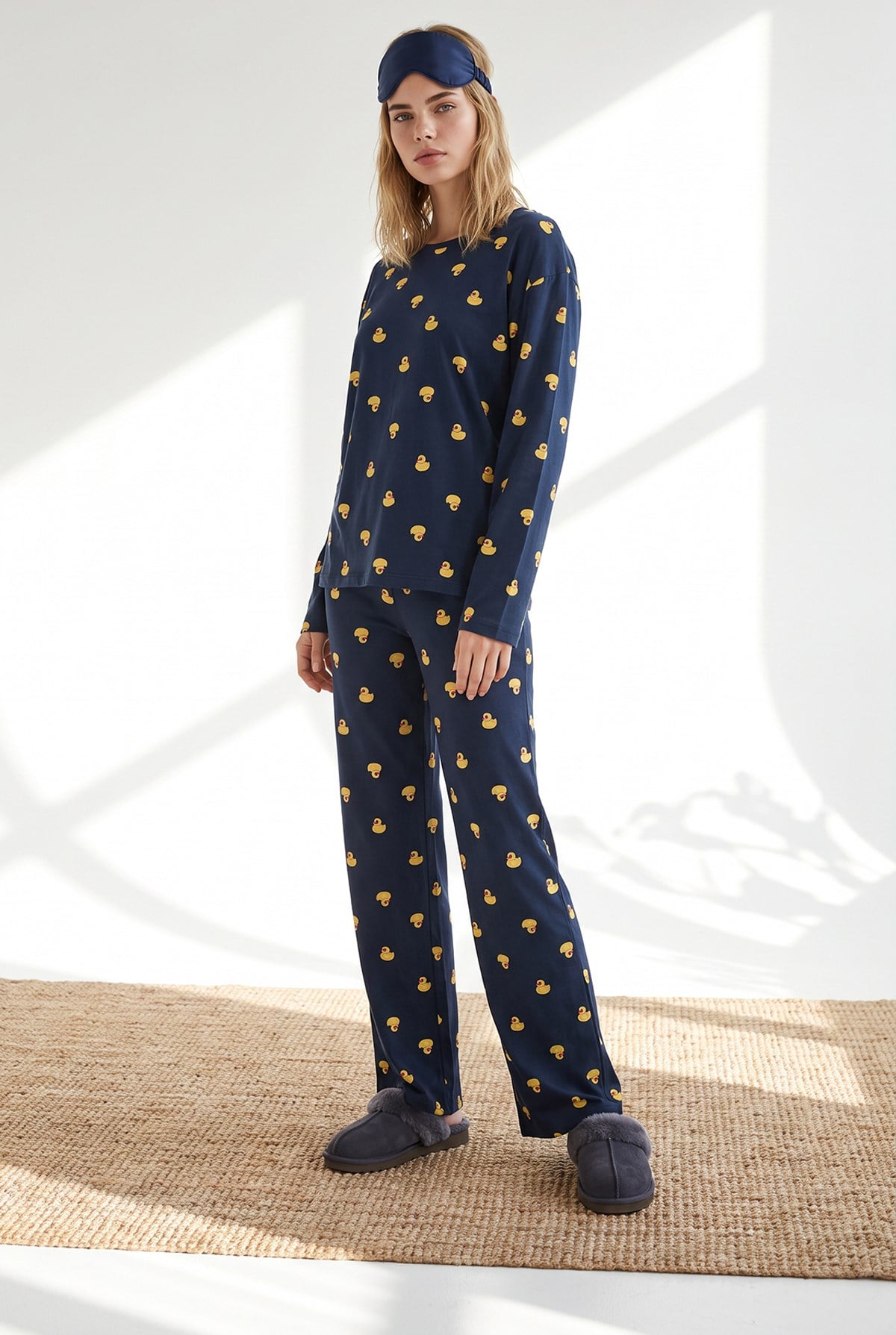 %100 Pamuk Uzun Kollu Pijama Takımı Ördek Lacivert